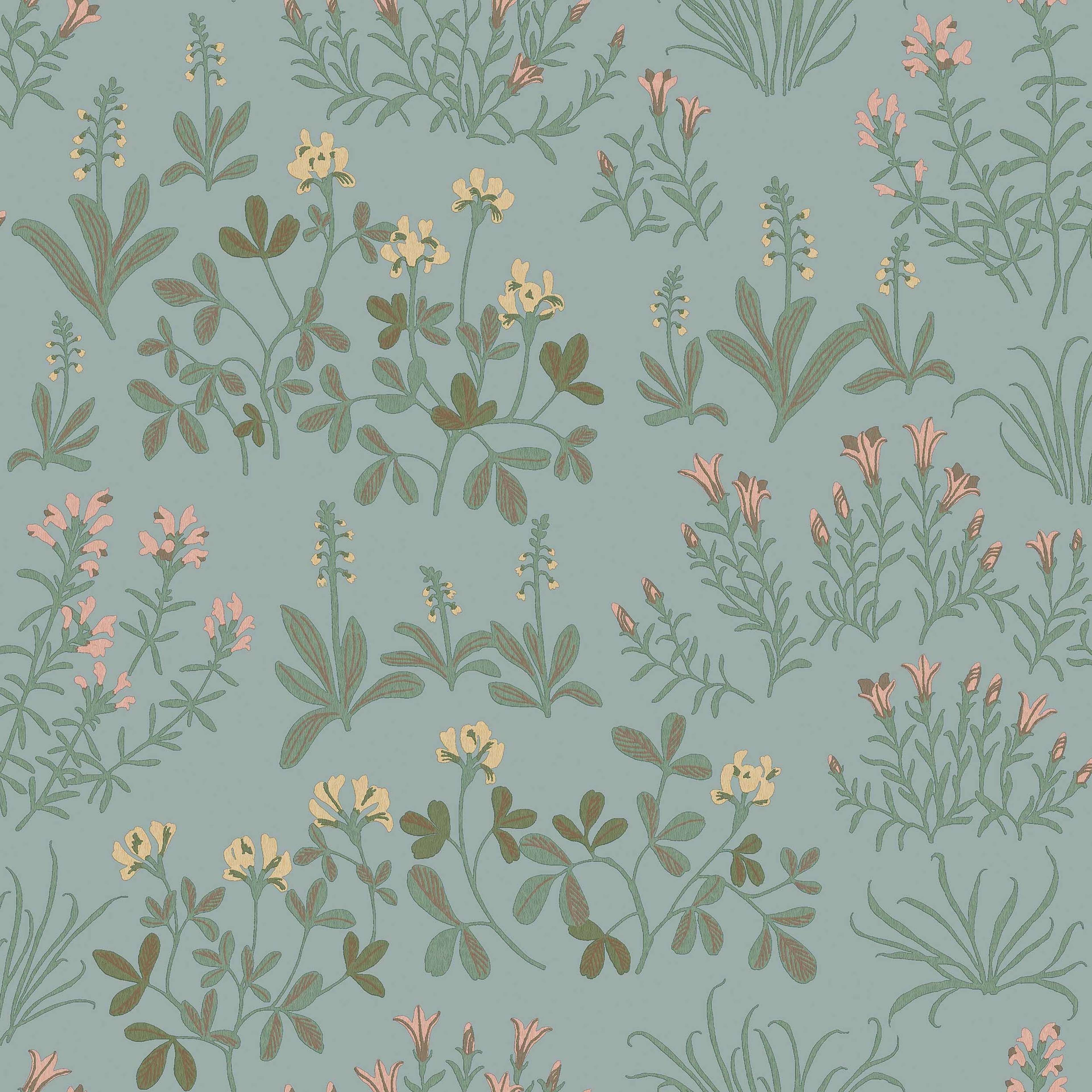 Noras Äng blå, tapet tapet med blommigt, naturochlandskap mönster i blå. Från kollektionen Nordic Folk. Nonwoven-material med förskjuten passning. Passar i sovrum.