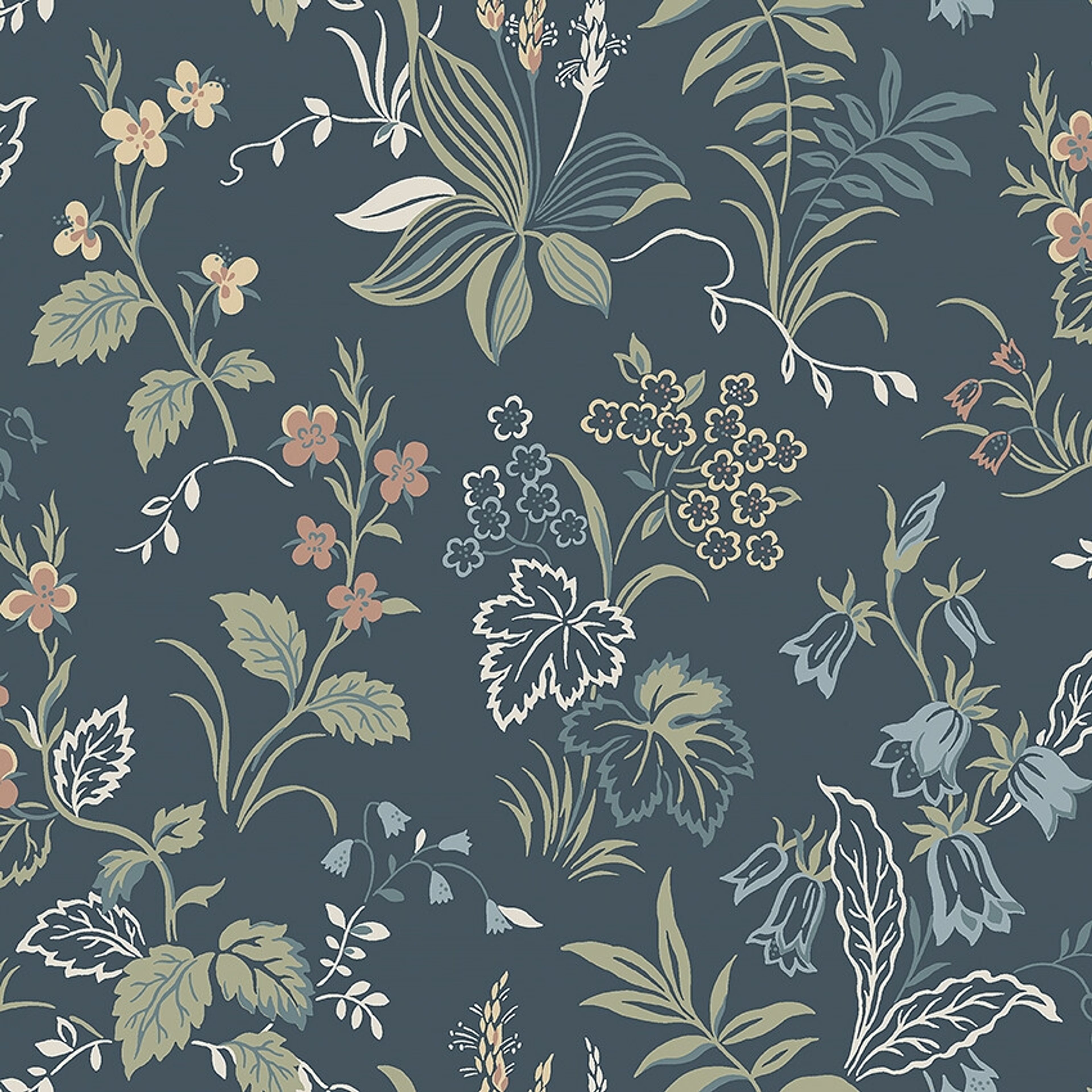 Folklore tapet med blommigt mönster i blå. Från kollektionen timeless traditions. Nonwoven-material med förskjuten passning. Country-stil.