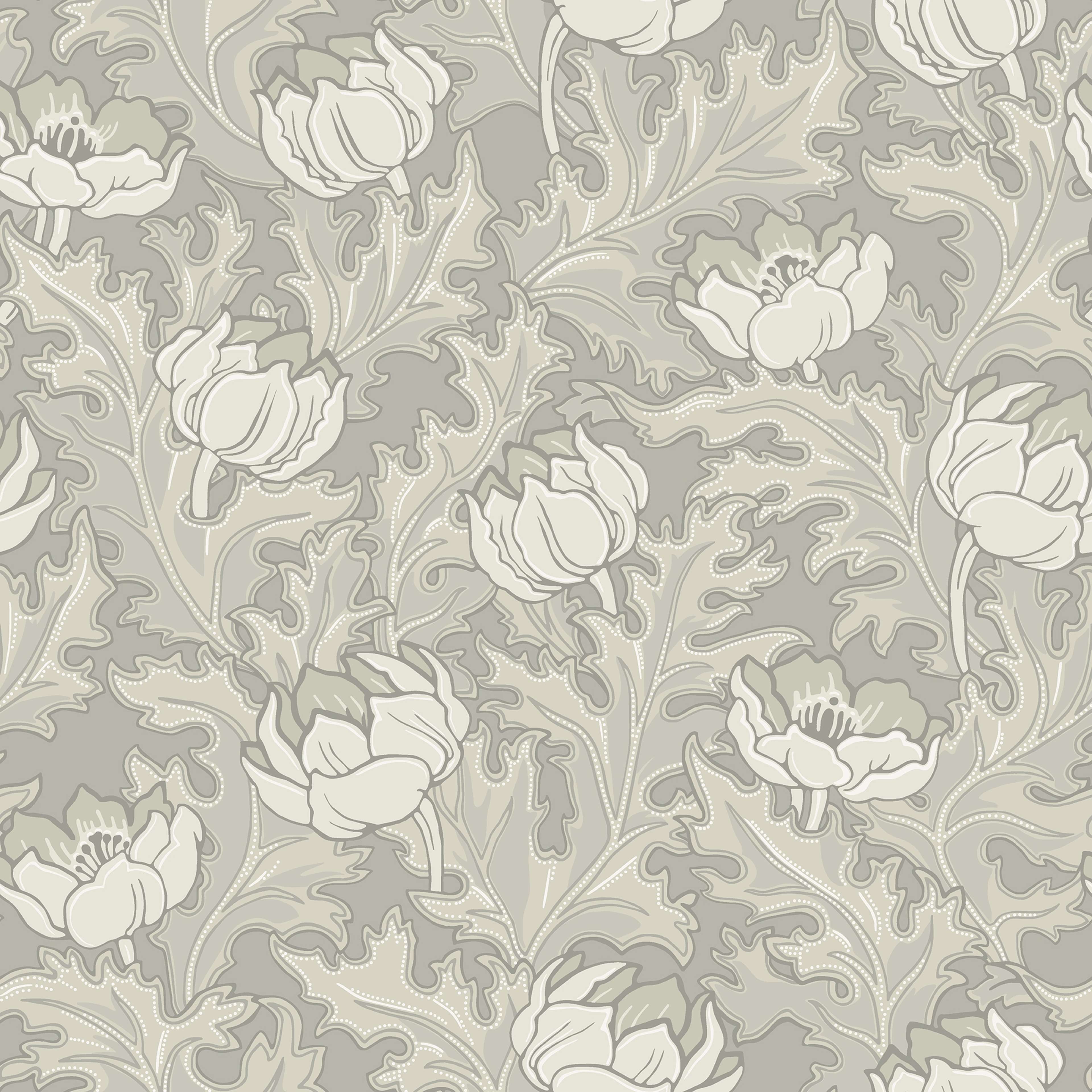 Sigrid Beige tapet med botaniskt mönster i grå. Från kollektionen Gammalsvenska klassiker 1850–1950. Nonwoven-material med rak passning.