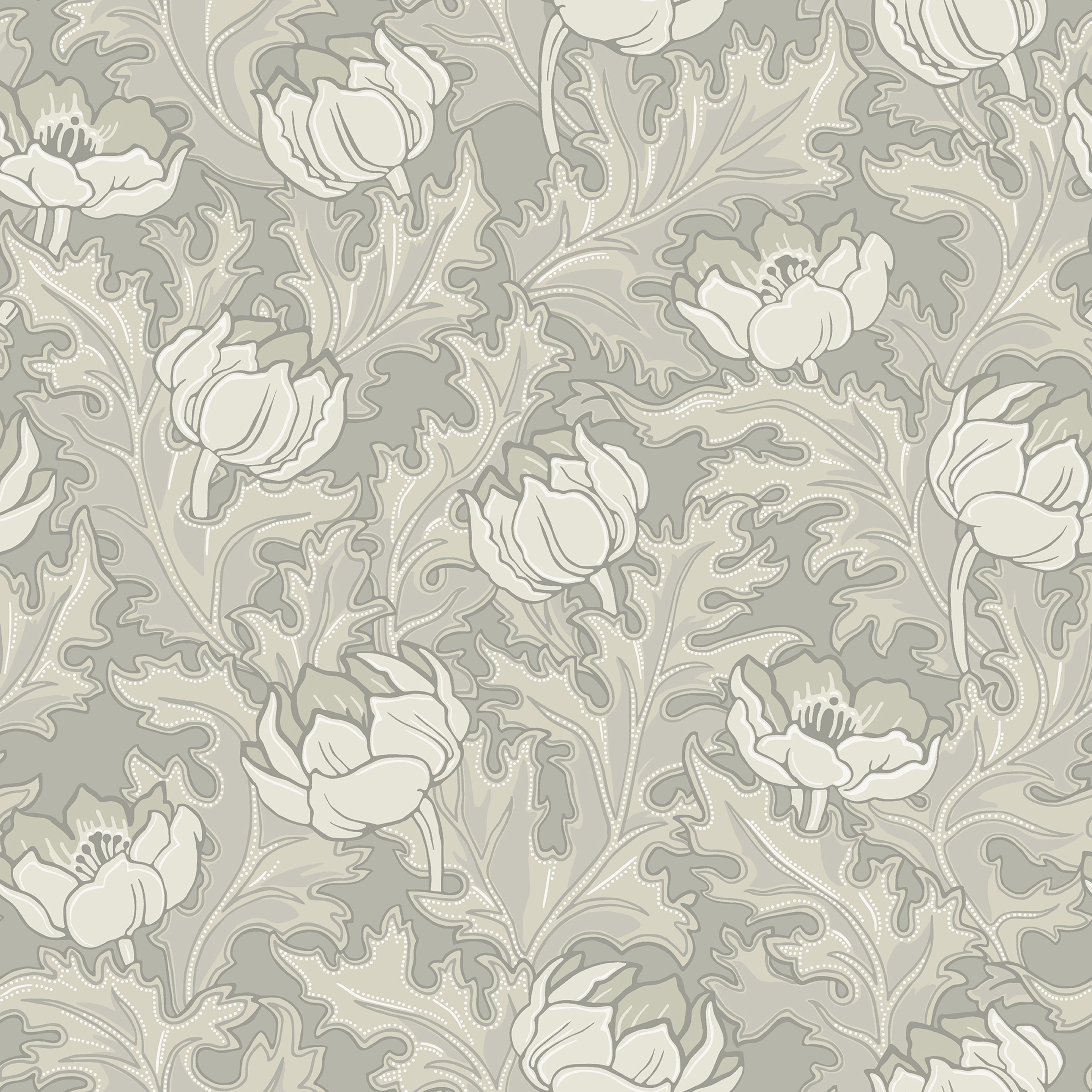 Sigrid Beige tapet med botaniskt mönster i grå. Från kollektionen Gammalsvenska klassiker 1850–1950. Nonwoven-material med rak passning.