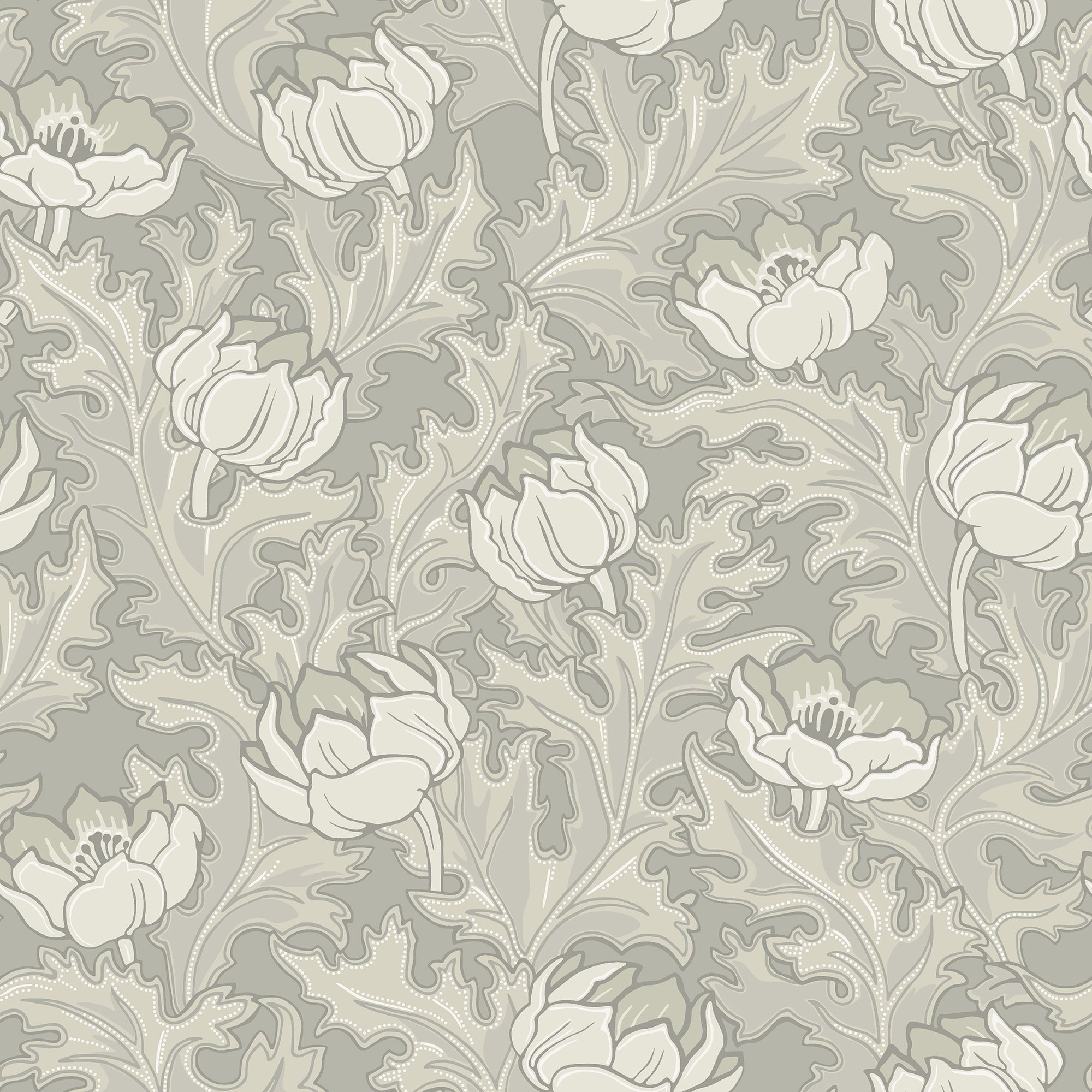 Sigrid Beige tapet med botaniskt mönster i grå. Från kollektionen Gammalsvenska klassiker 1850–1950. Nonwoven-material med rak passning.