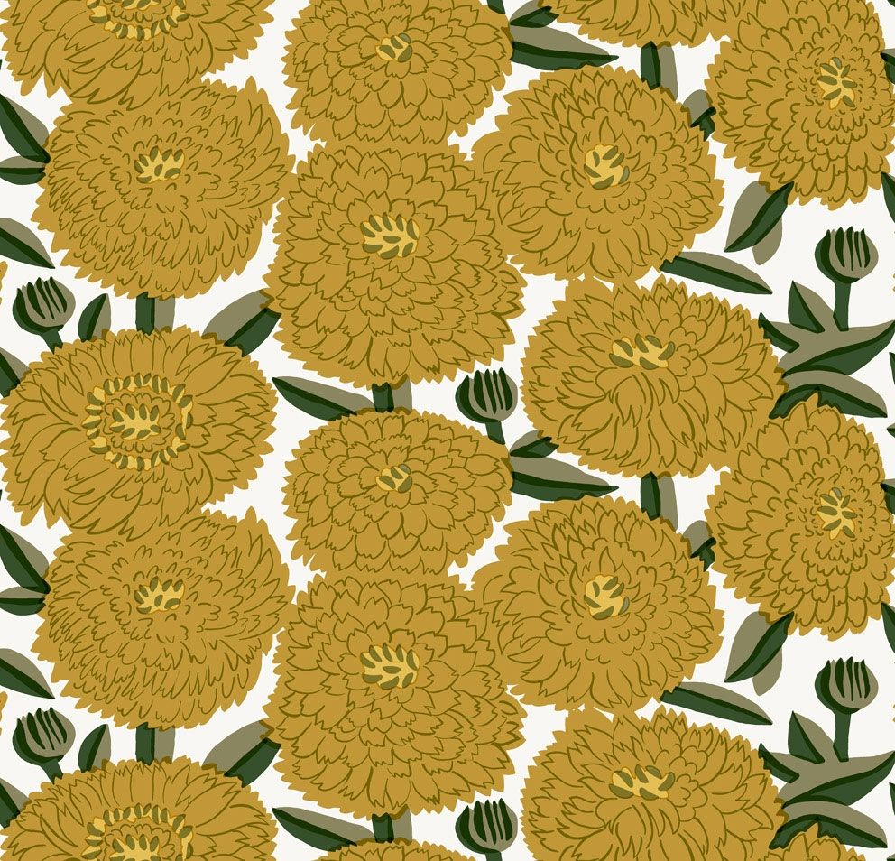 Primavera tapet med blommigt mönster i gul. Från kollektionen Marimekko 6. Nonwoven-material med förskjuten passning.