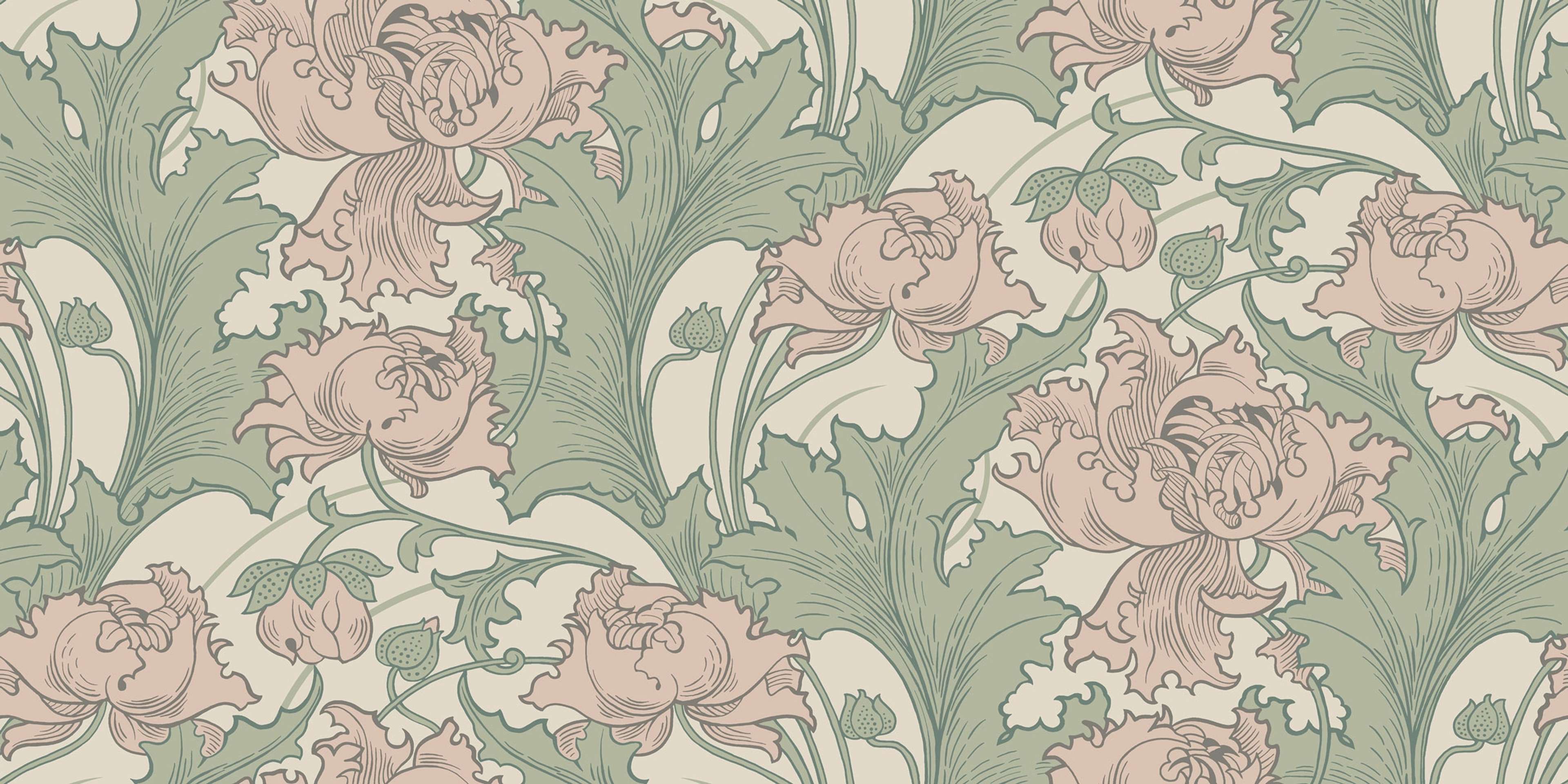 Siri tapet från Boråstapeter med botaniskt mönster i rosa och grön. Från kollektionen anno. Nonwoven-material med förskjuten passning. Country-stil. Passar i sovrum och matsal.