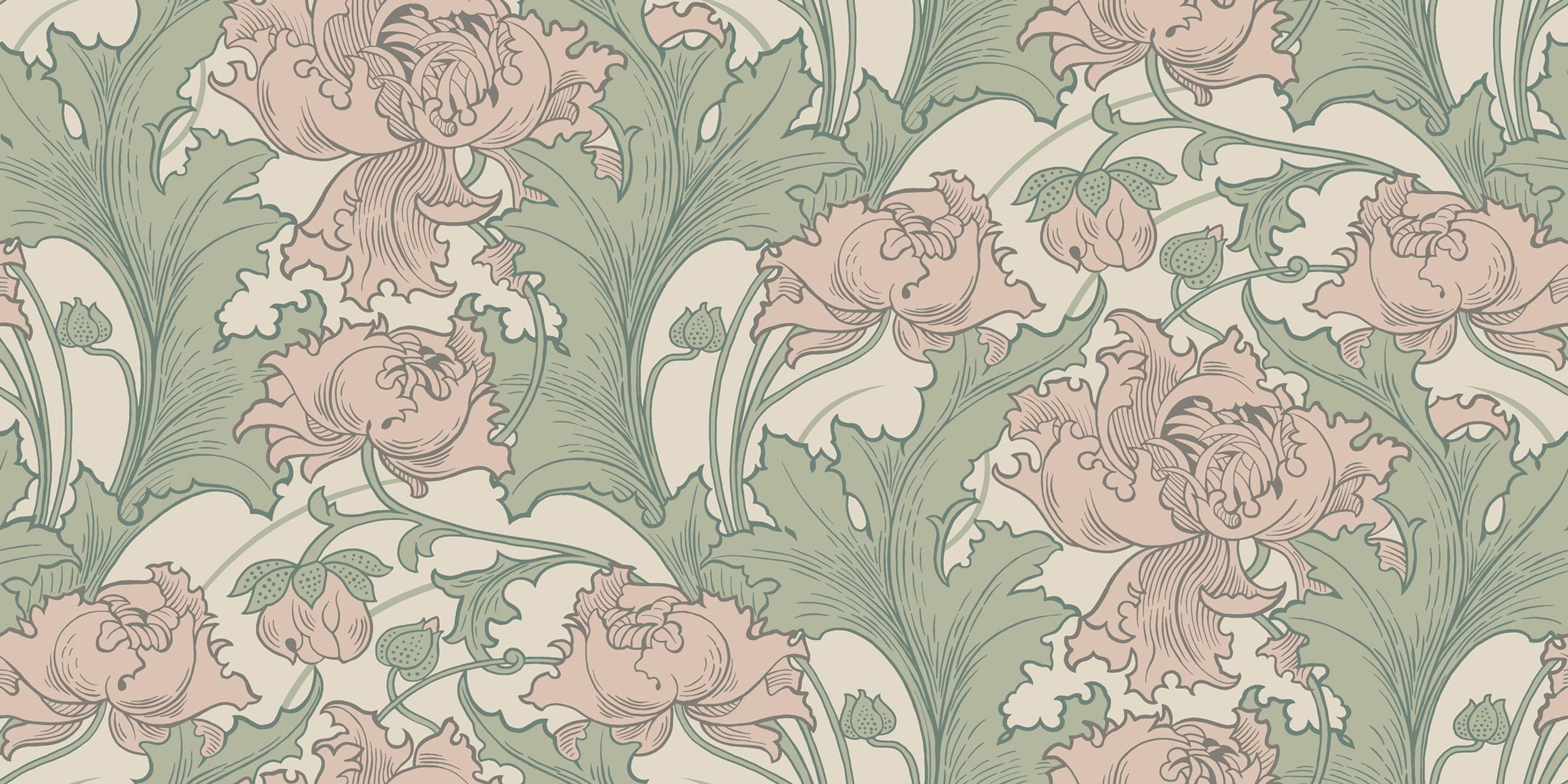 Siri tapet från Boråstapeter med botaniskt mönster i rosa och grön. Från kollektionen anno. Nonwoven-material med förskjuten passning. Country-stil. Passar i sovrum och matsal.