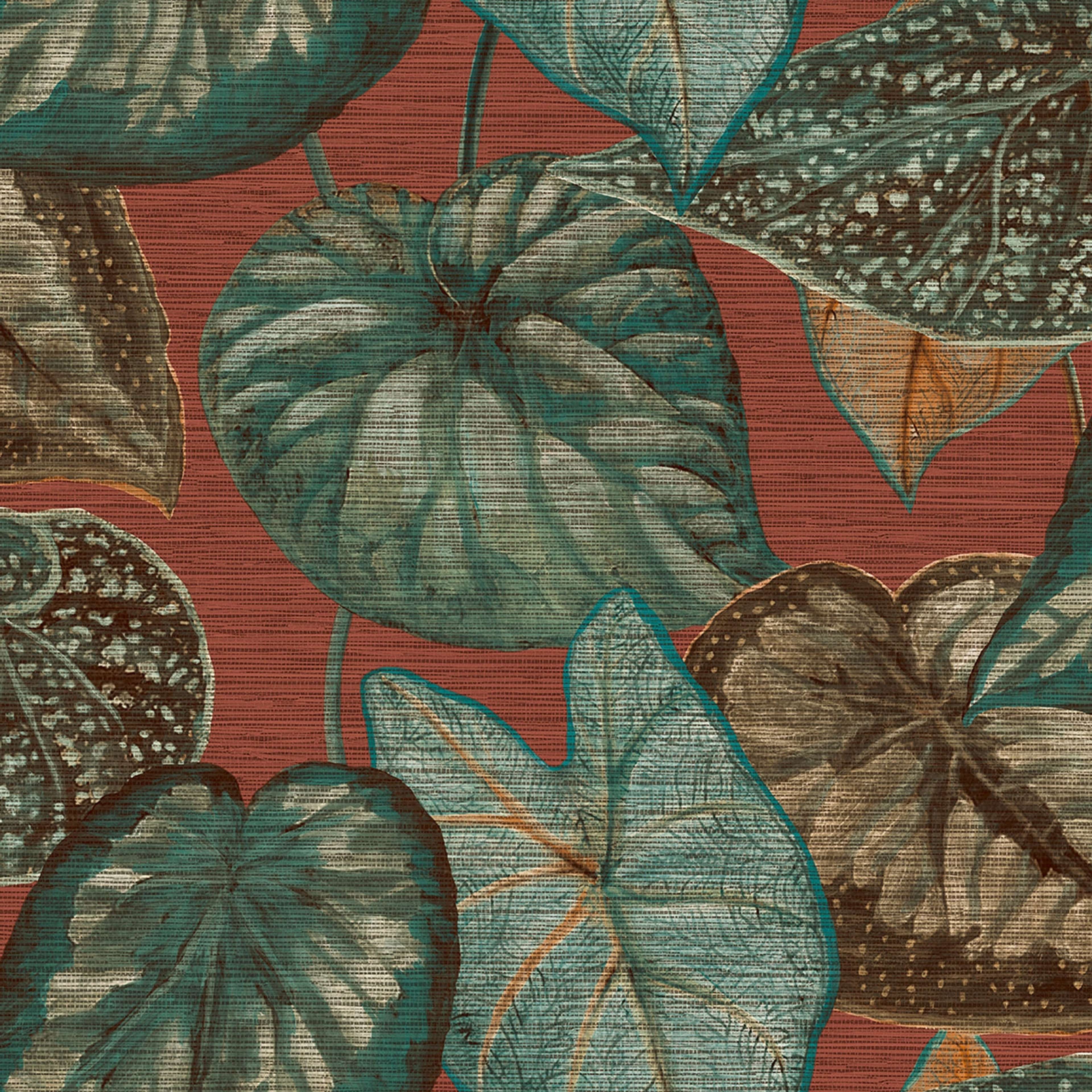 Tropical Leaves tapet med botaniskt mönster i röd. Från kollektionen Tahiti. Nonwoven-material med förskjuten passning. Passar i vardagsrum, matsal och hall.