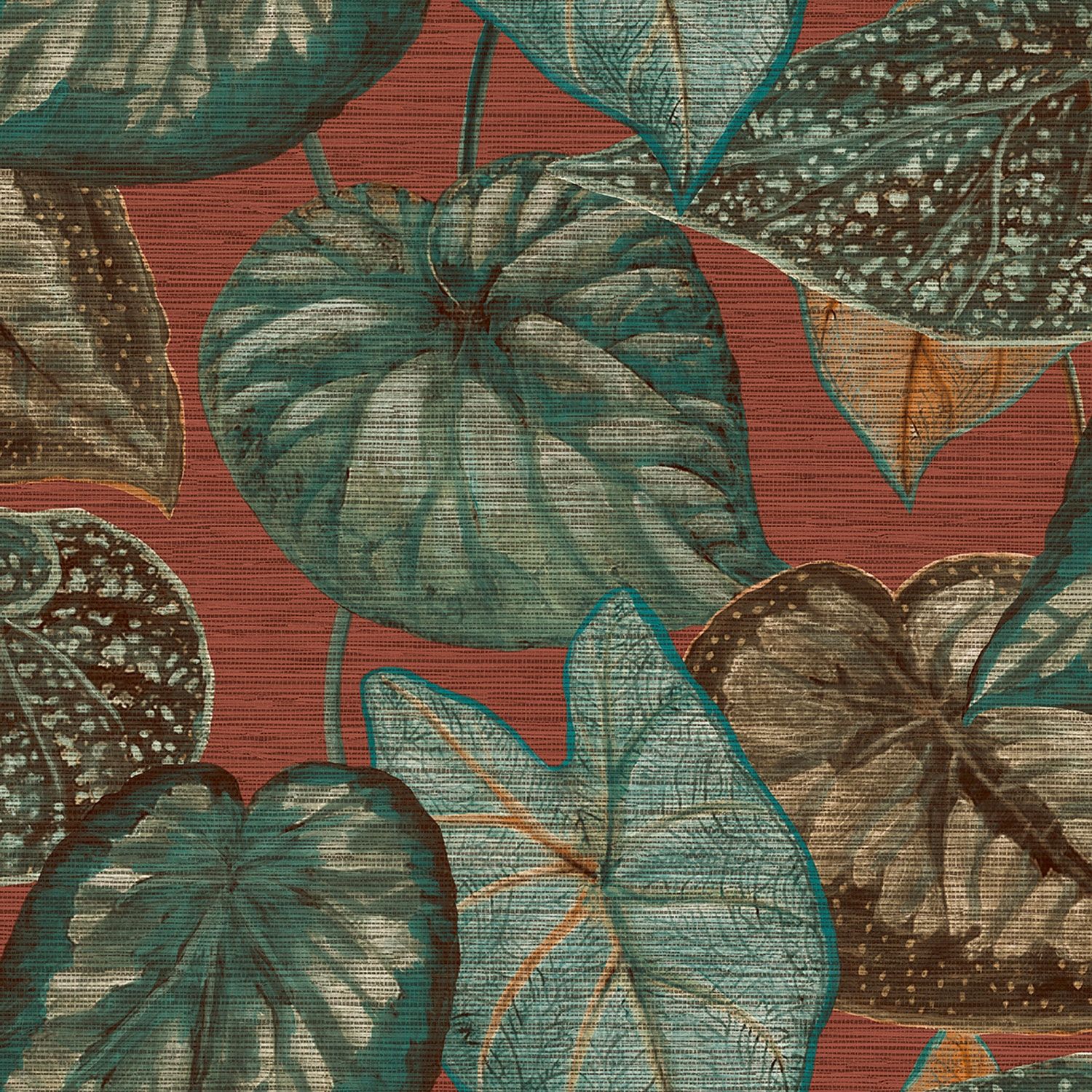 Tropical Leaves tapet med botaniskt mönster i röd. Från kollektionen Tahiti. Nonwoven-material med förskjuten passning. Passar i vardagsrum, matsal och hall.