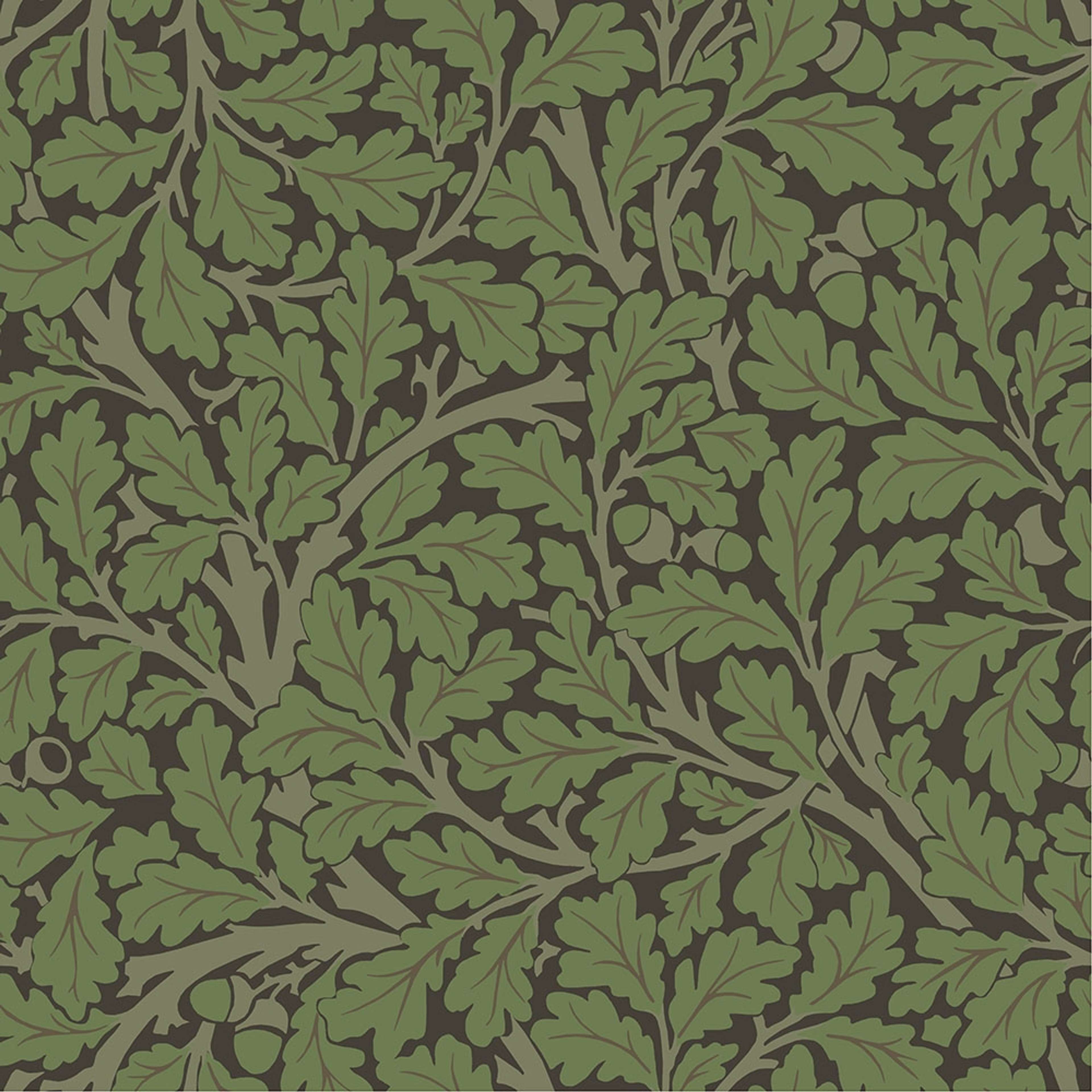 Oak Tree, mörkbrun tapet tapet från Midbec med botaniskt, blommigt mönster i grön och brun. Från kollektionen Hidden Treasures vol 1. Nonwoven-material med rak passning.