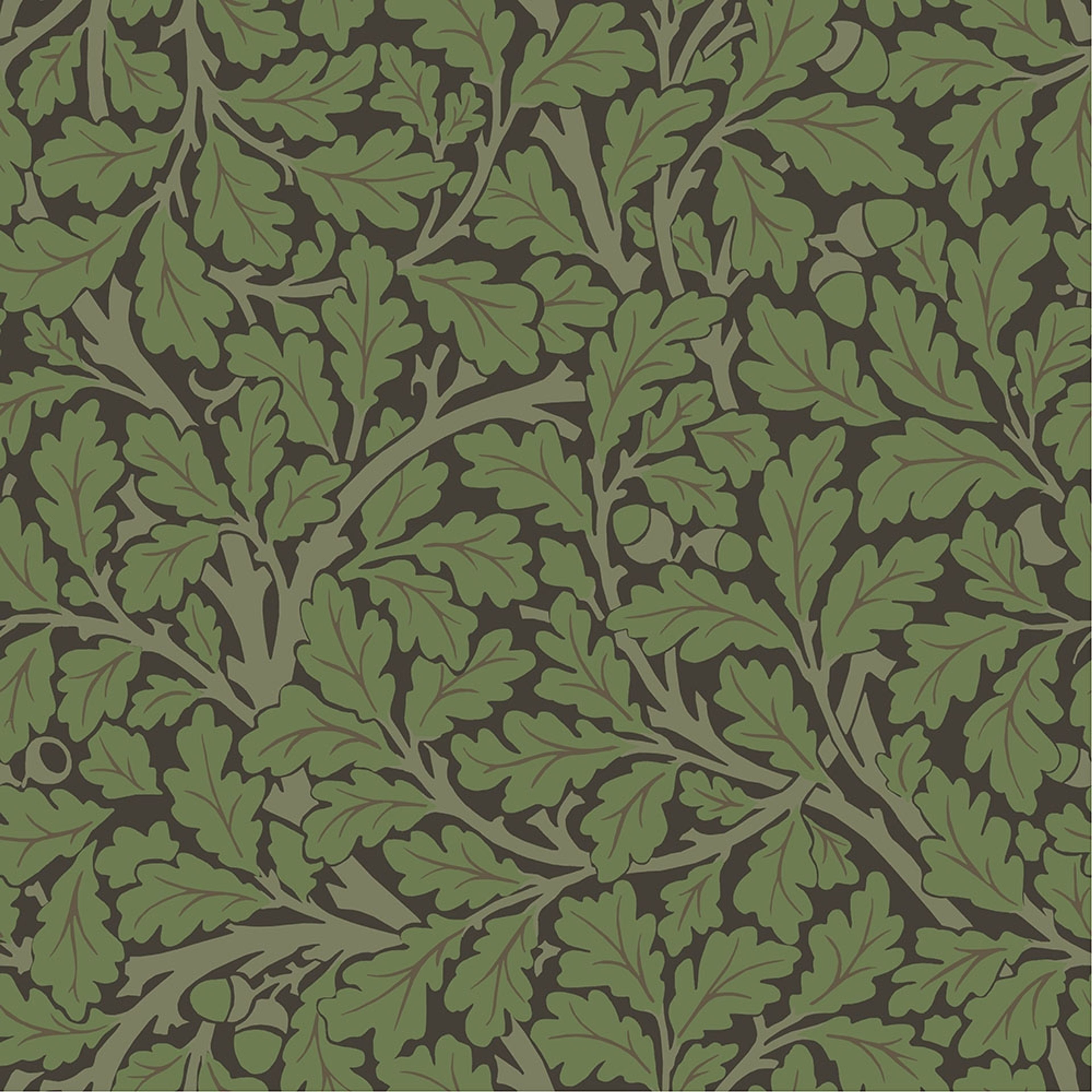 Oak Tree, mörkbrun tapet tapet från Midbec med botaniskt, blommigt mönster i grön och brun. Från kollektionen Hidden Treasures vol 1. Nonwoven-material med rak passning.