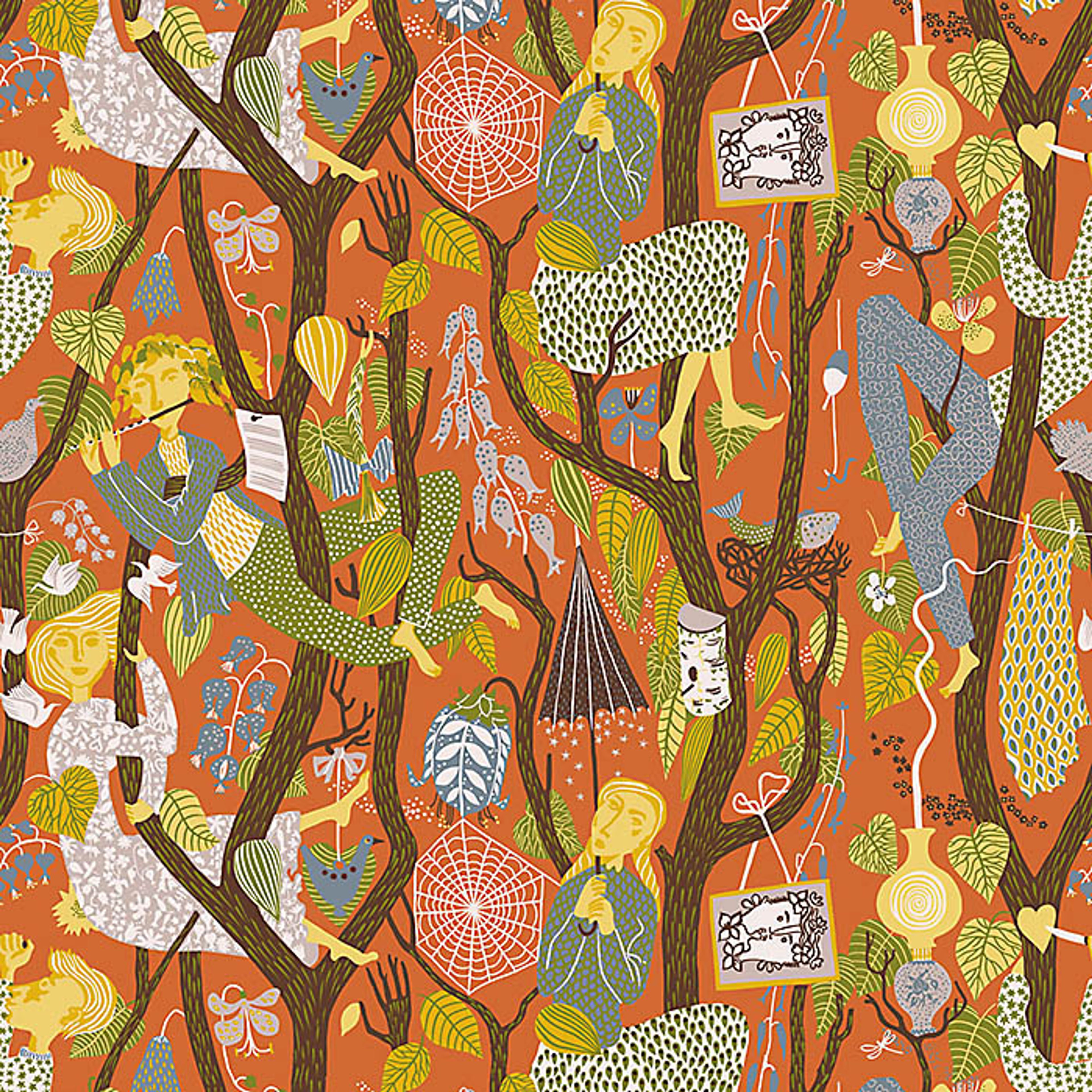 Melodi tapet från Boråstapeter med botaniskt, retro mönster i röd och gul. Från kollektionen Scandinavian Designers II. Nonwoven-material med rak passning. Vintage, lek-stil.
