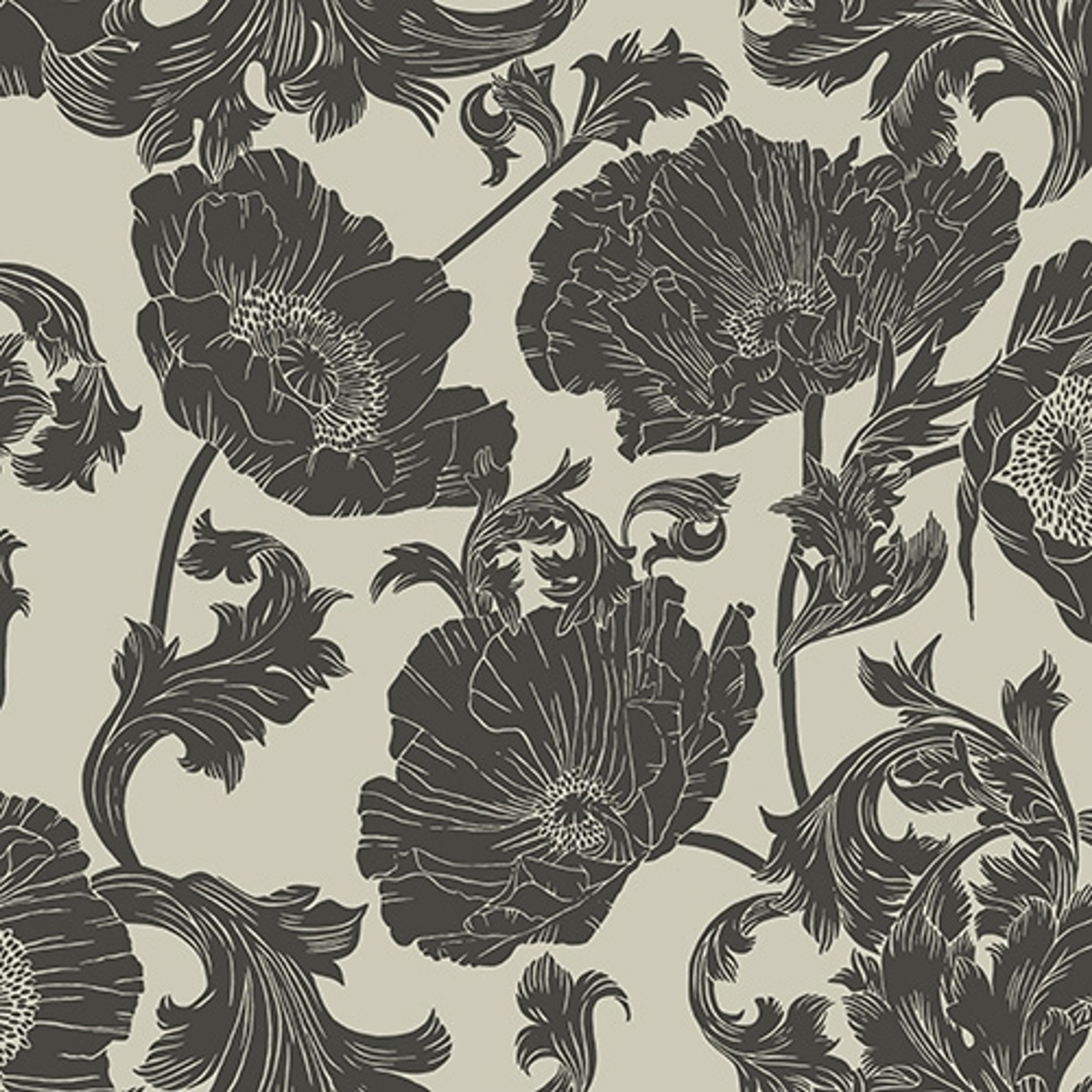 Papaver stora blommor, vit och svart tapet från Midbec med botaniskt mönster i vit och svart. Från kollektionen Ekbacka. Nonwoven-material med förskjuten passning.