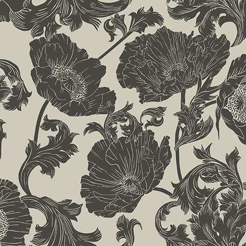 Papaver stora blommor, vit och svart tapet från Midbec med botaniskt mönster i vit och svart. Från kollektionen Ekbacka. Nonwoven-material med förskjuten passning.