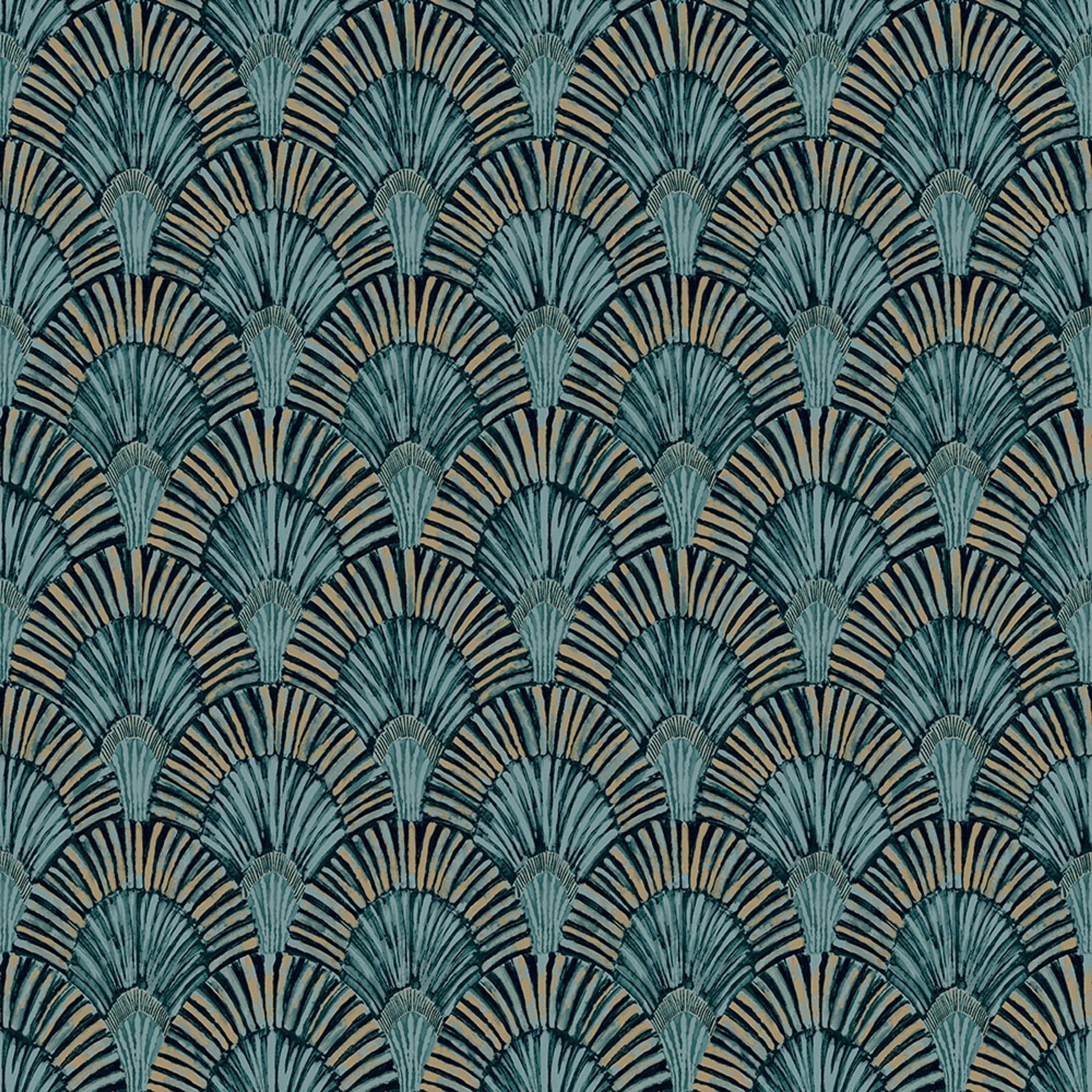 Deco Fan tapet i turkos tapet med retro mönster i turkos. Från kollektionen jungle fever. Nonwoven-material med förskjuten passning. Passar i vardagsrum och matsal.