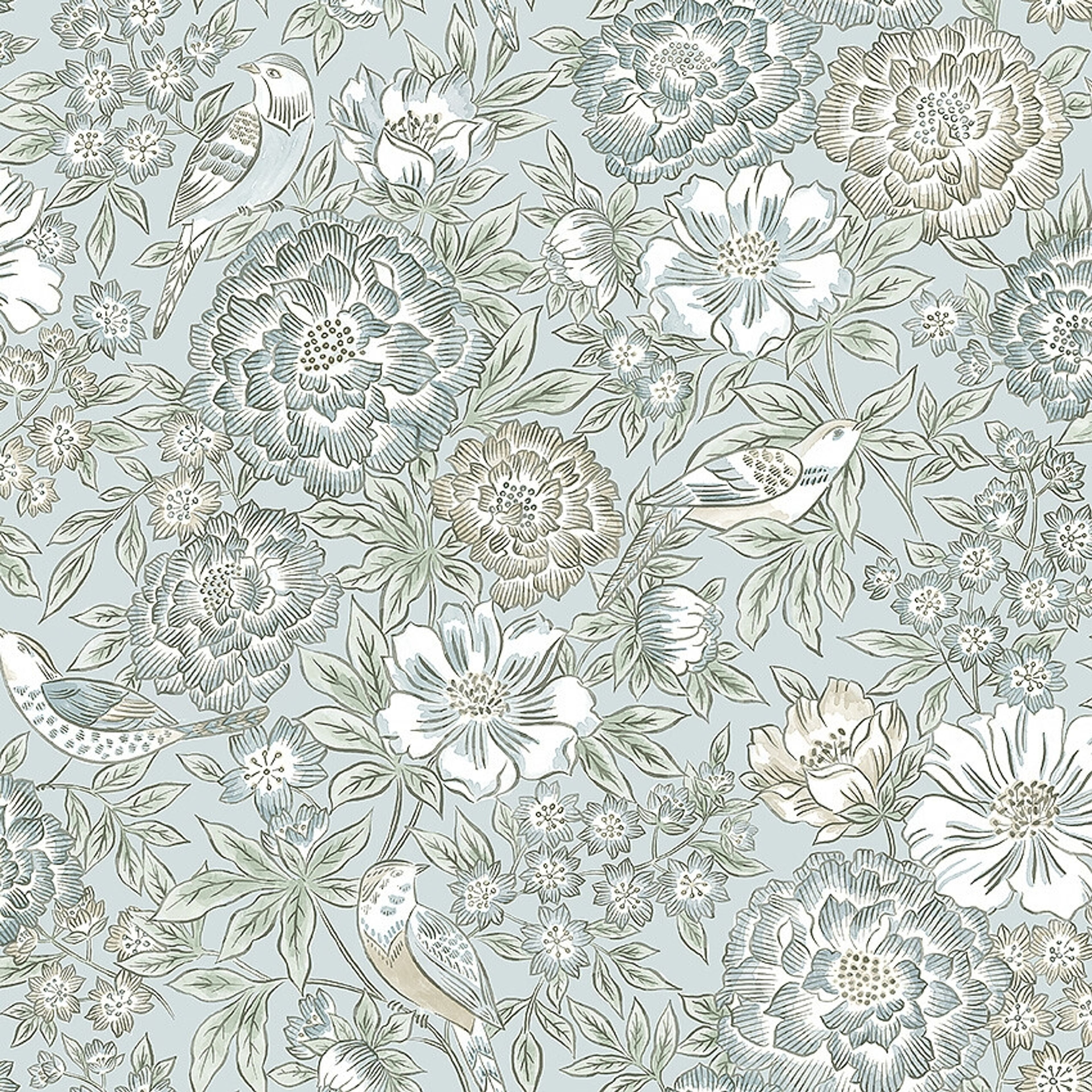 Dagmar Blå Tapet tapet med blommigt mönster i blå. Från kollektionen Swedish Grace. Nonwoven-material med förskjuten passning. Passar i sovrum.