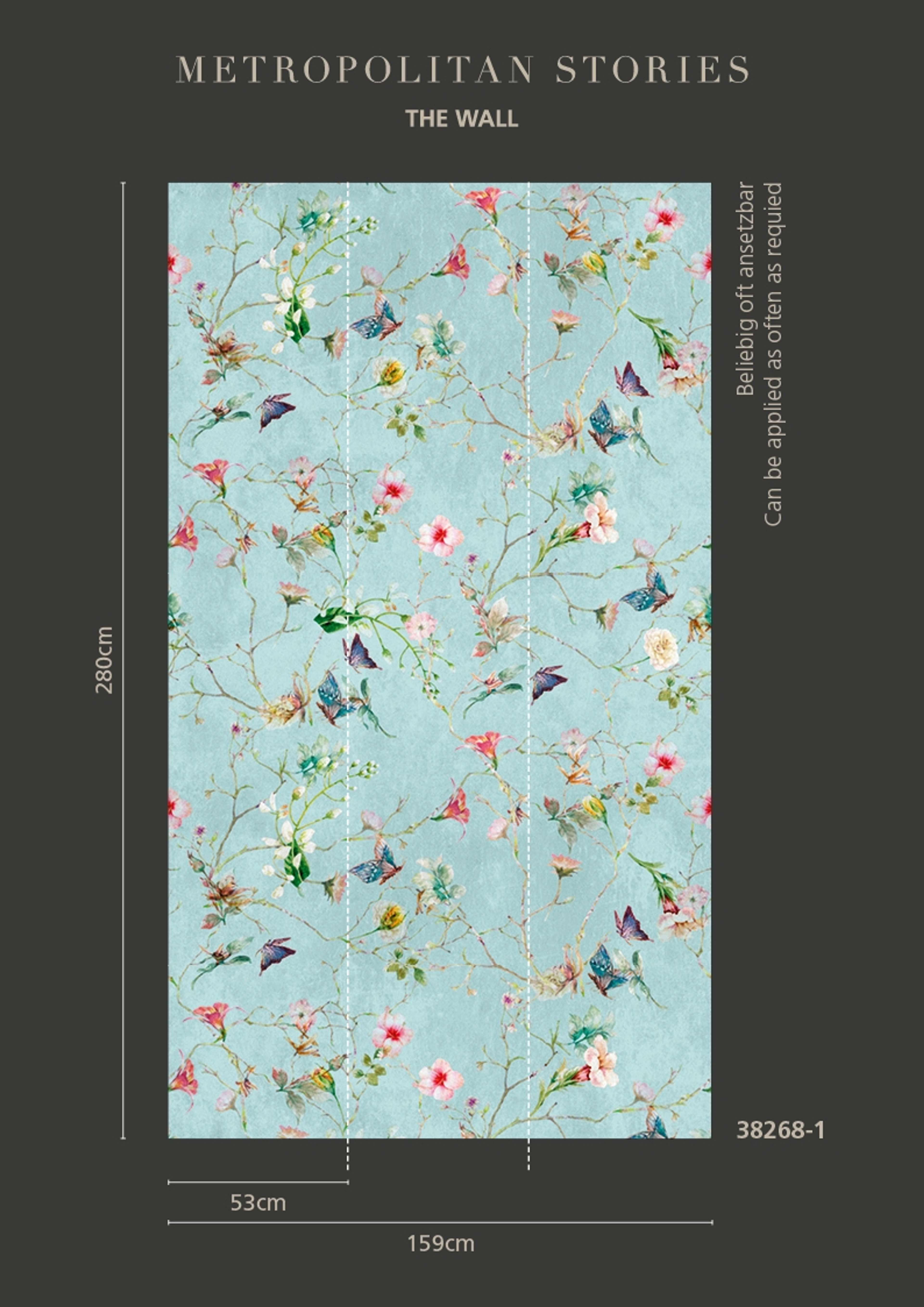 Flowers tapet med blommigt mönster i turkos. Från kollektionen The Wall. Nonwoven-material. Passar i vardagsrum och matsal.