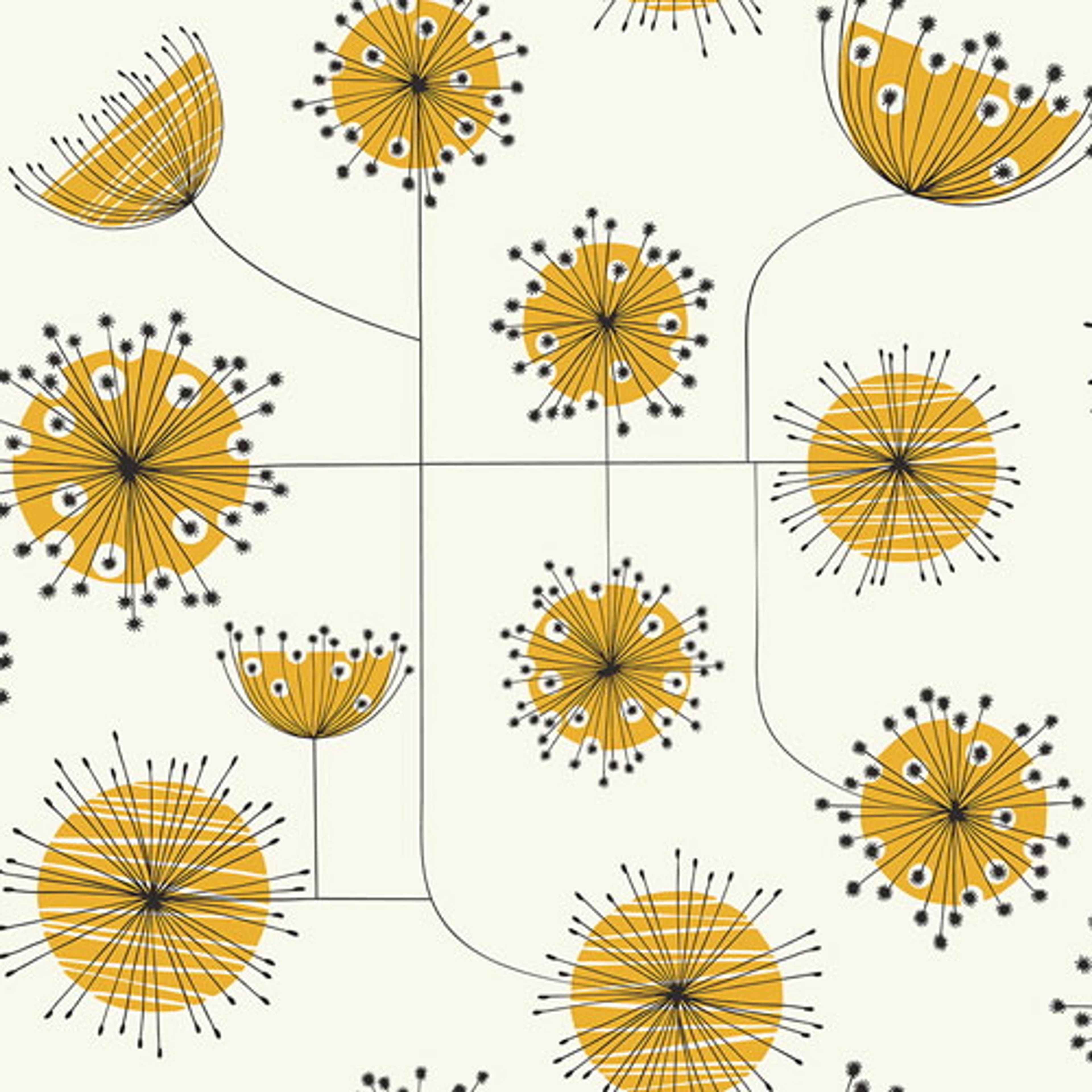 Dandelion Mobile Sunflowe Yellow tapet från Midbec med geometriskt, retro mönster i vit och gul. Från kollektionen Kinfolk. Nonwoven-material med förskjuten passning. Vintage, lek-stil.