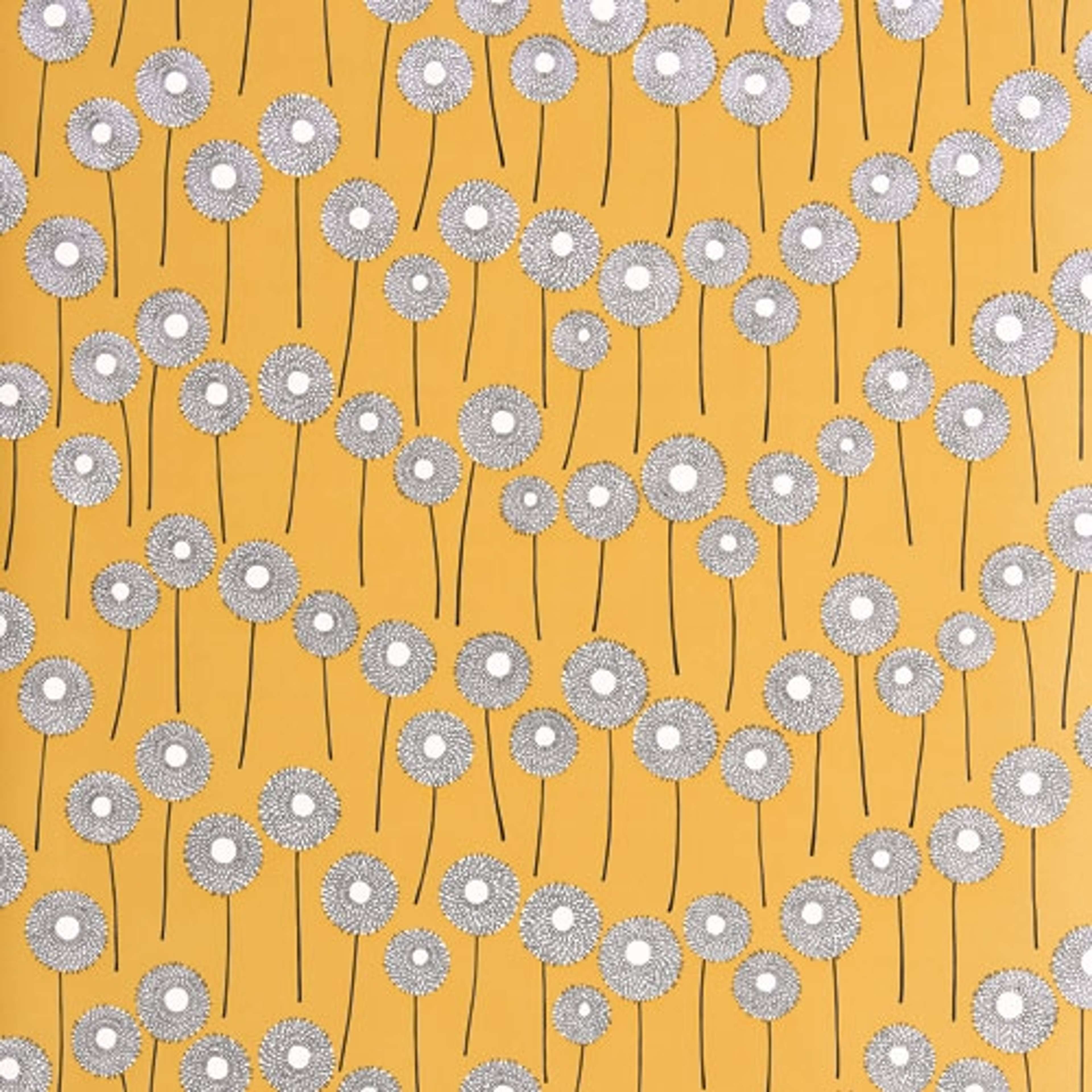 Meadow Goldfield tapet från Midbec med prickigt mönster i gul. Från kollektionen Pioneer. Nonwoven-material med förskjuten passning. Vintage, lek-stil.
