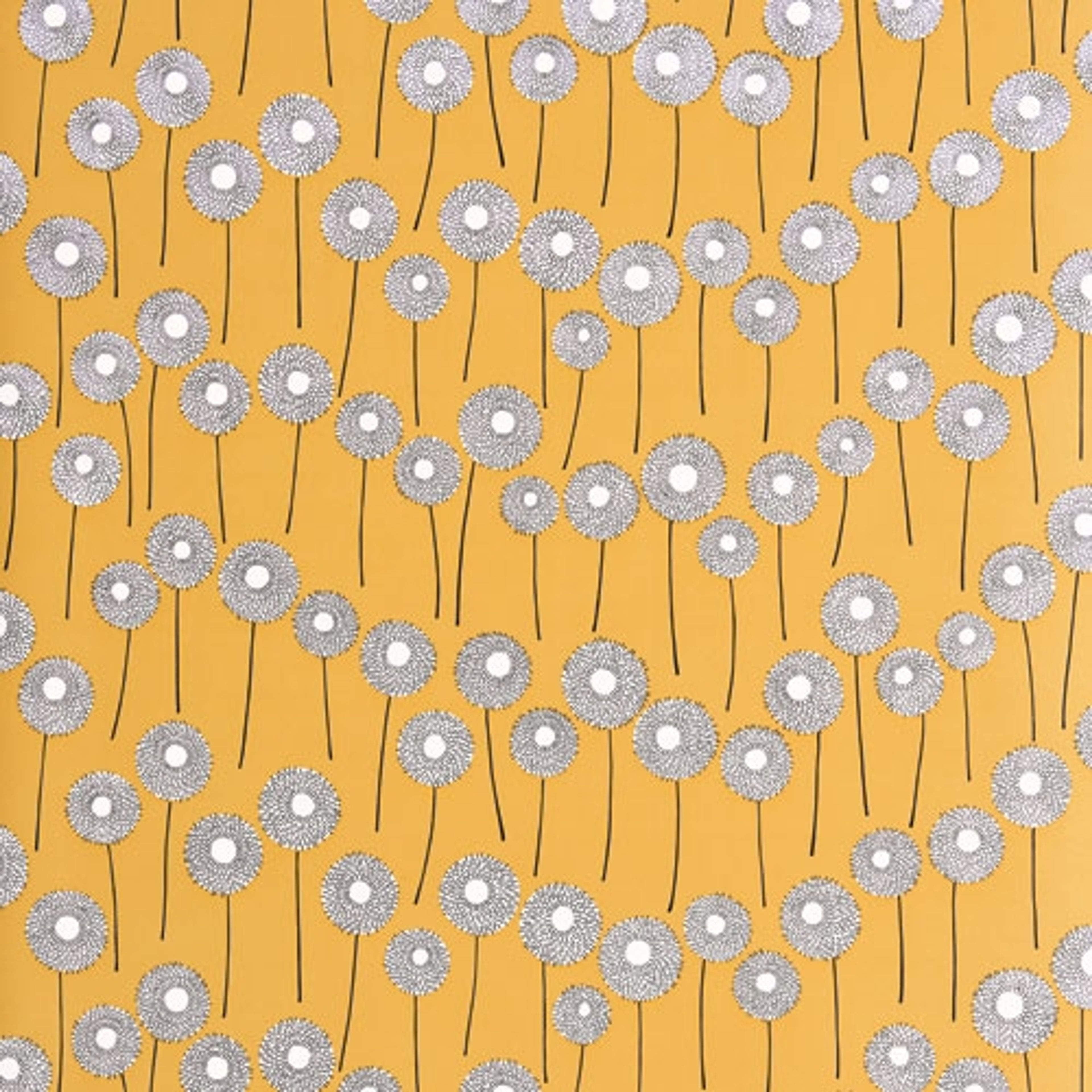 Meadow Goldfield tapet från Midbec med prickigt mönster i gul. Från kollektionen Pioneer. Nonwoven-material med förskjuten passning. Vintage, lek-stil.