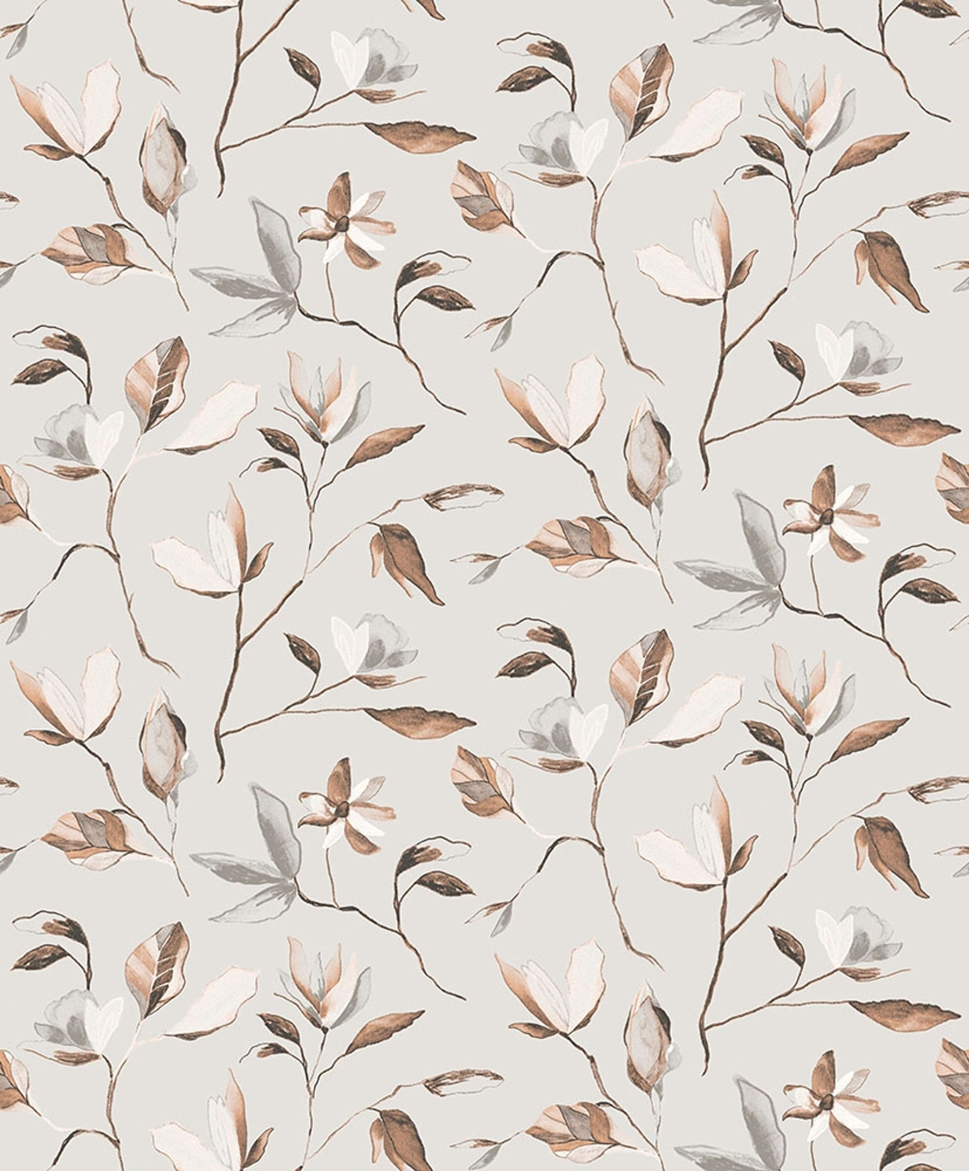 Blooming, grå tapet tapet med botaniskt mönster i grå. Från kollektionen Aquila. Nonwoven-material med förskjuten passning.