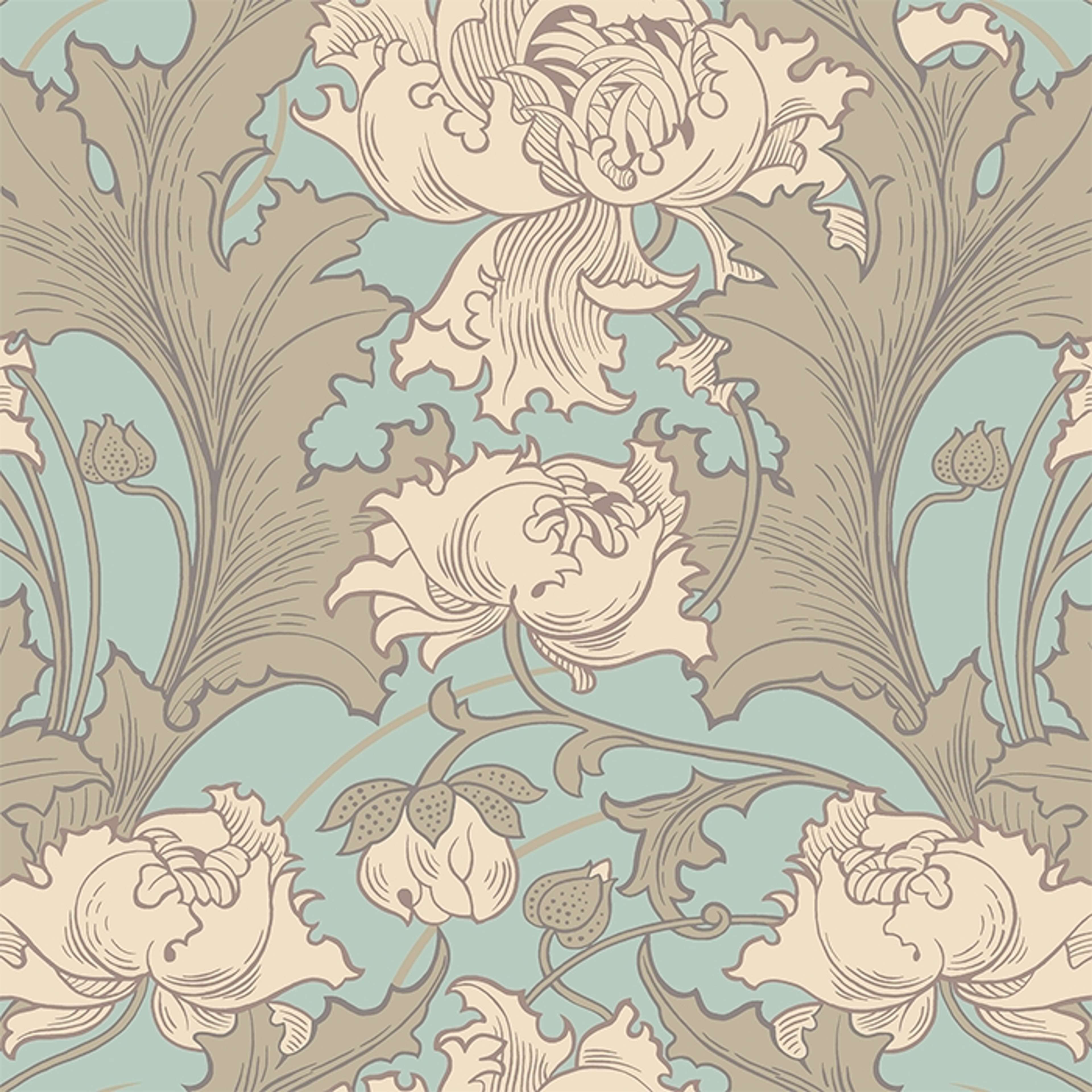 Siri tapet från Boråstapeter med botaniskt mönster i turkos och beige. Från kollektionen anno. Nonwoven-material med förskjuten passning. Vintage, lyx, country-stil. Passar i sovrum och matsal.