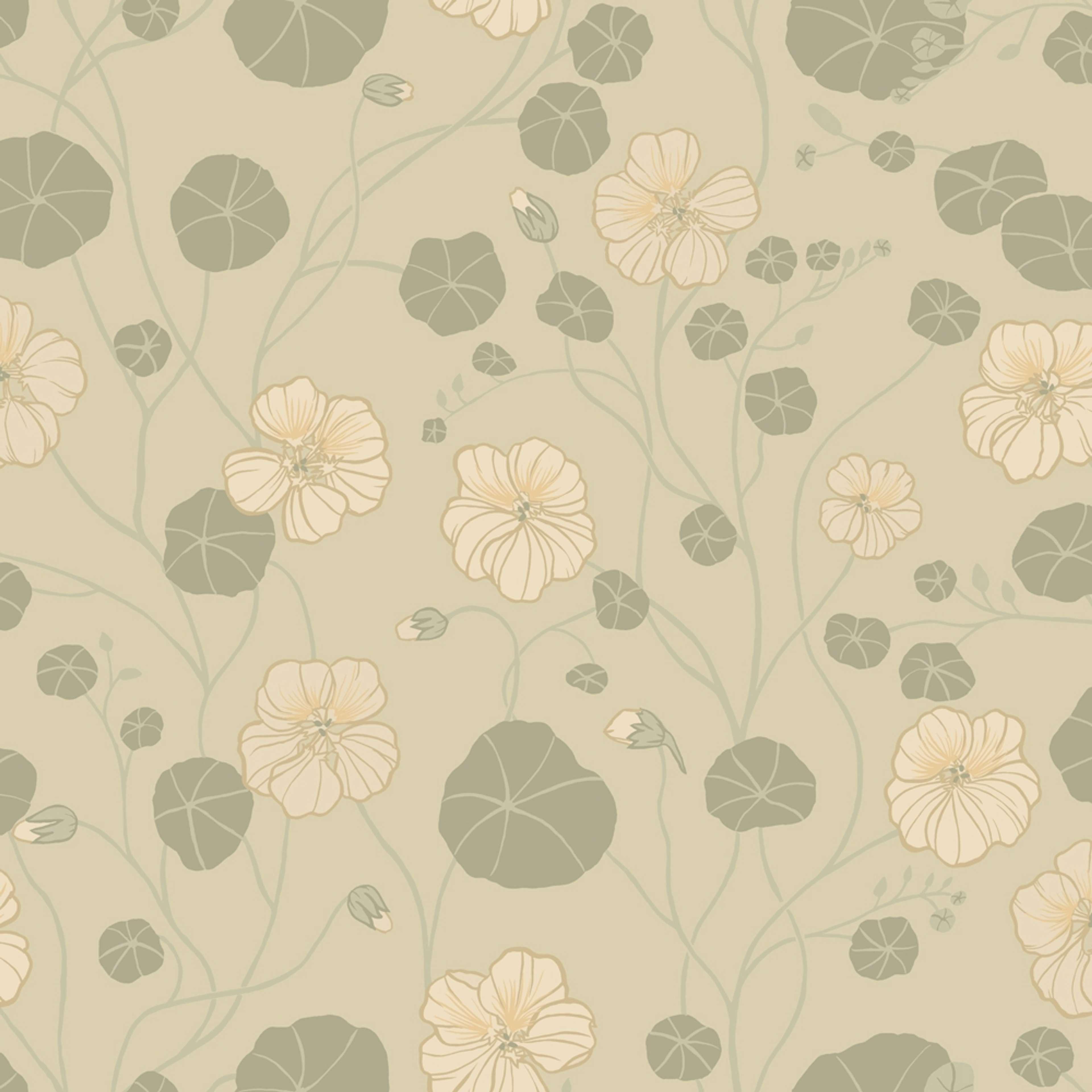 Krasseslinga, grön tapet tapet med blommigt mönster i grön. Från kollektionen Långenäs. Nonwoven-material med förskjuten passning.