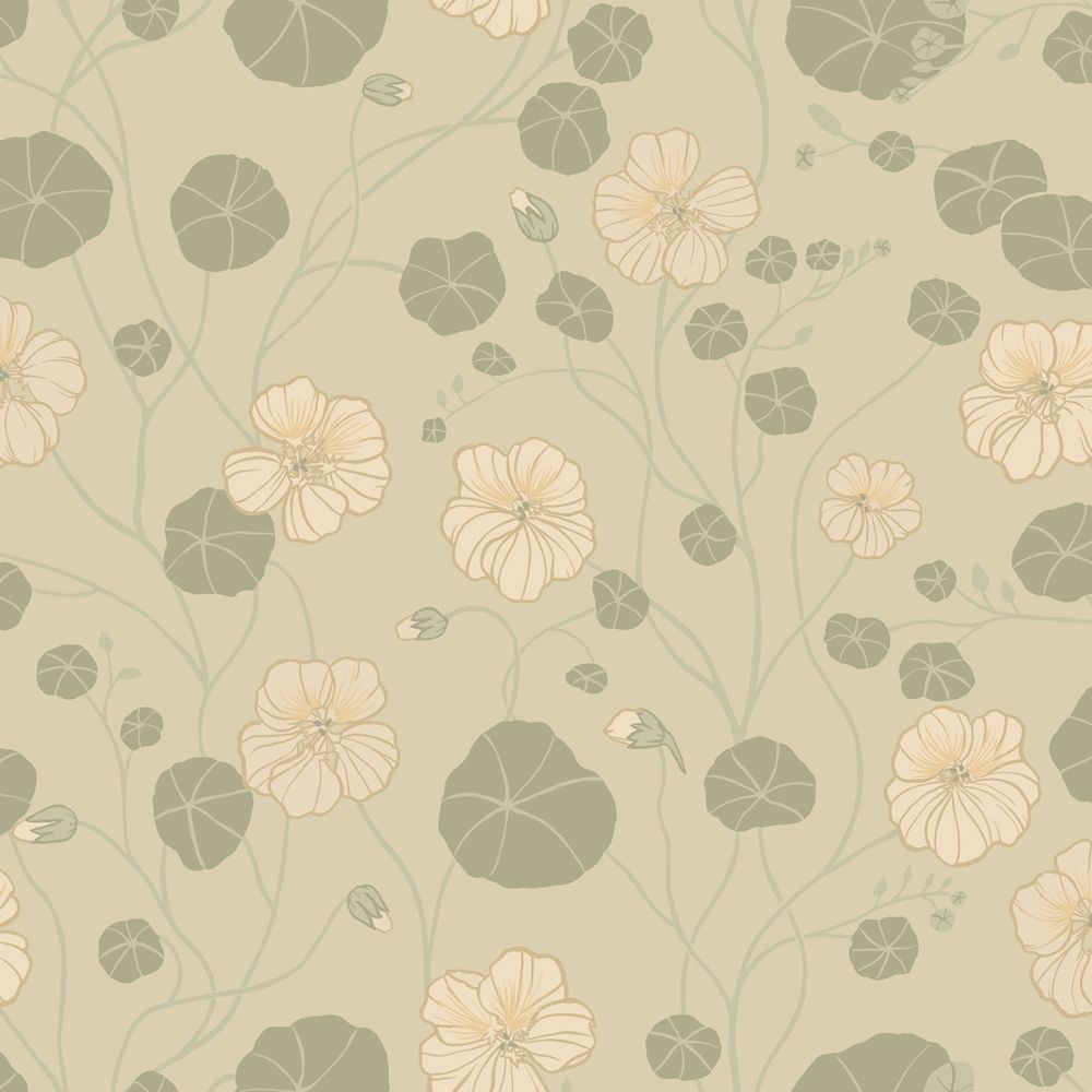 Krasseslinga, grön tapet tapet med blommigt mönster i grön. Från kollektionen Långenäs. Nonwoven-material med förskjuten passning.