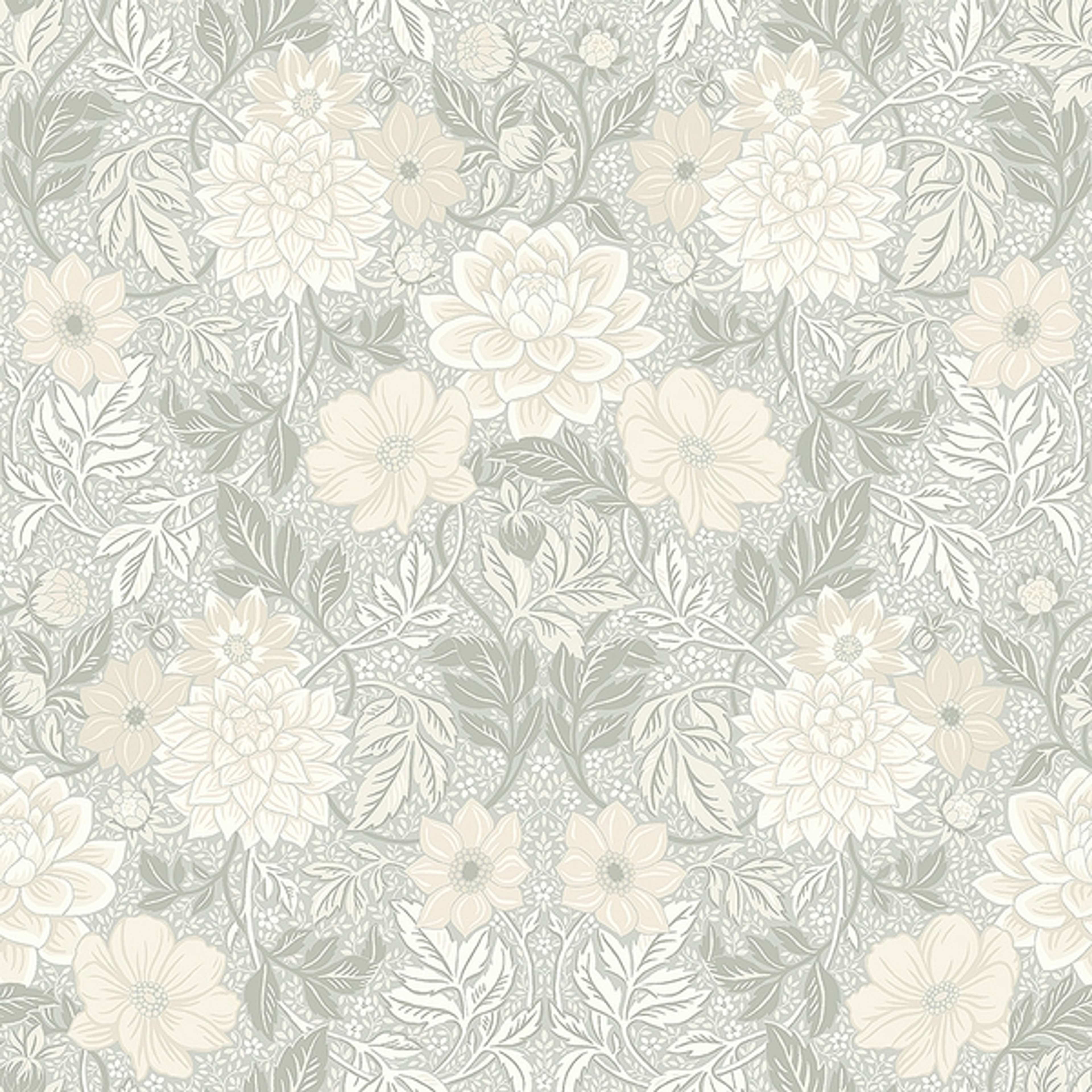 Dahlia Garden tapet från Boråstapeter med blommigt mönster i grå och beige. Från kollektionen Falsterbo III. Nonwoven-material med rak passning. Country, city-stil.
