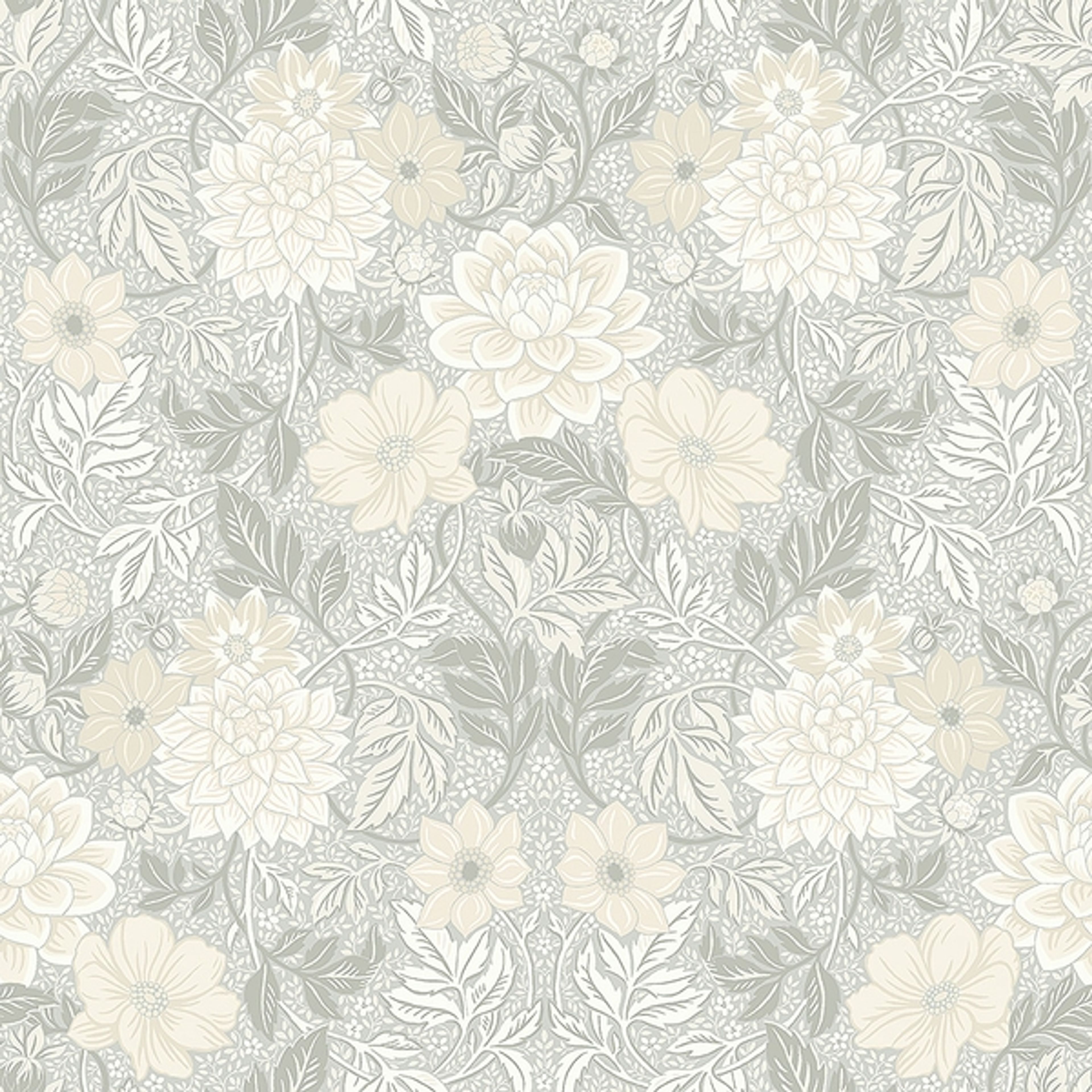 Dahlia Garden tapet från Boråstapeter med blommigt mönster i grå och beige. Från kollektionen Falsterbo III. Nonwoven-material med rak passning. Country, city-stil.