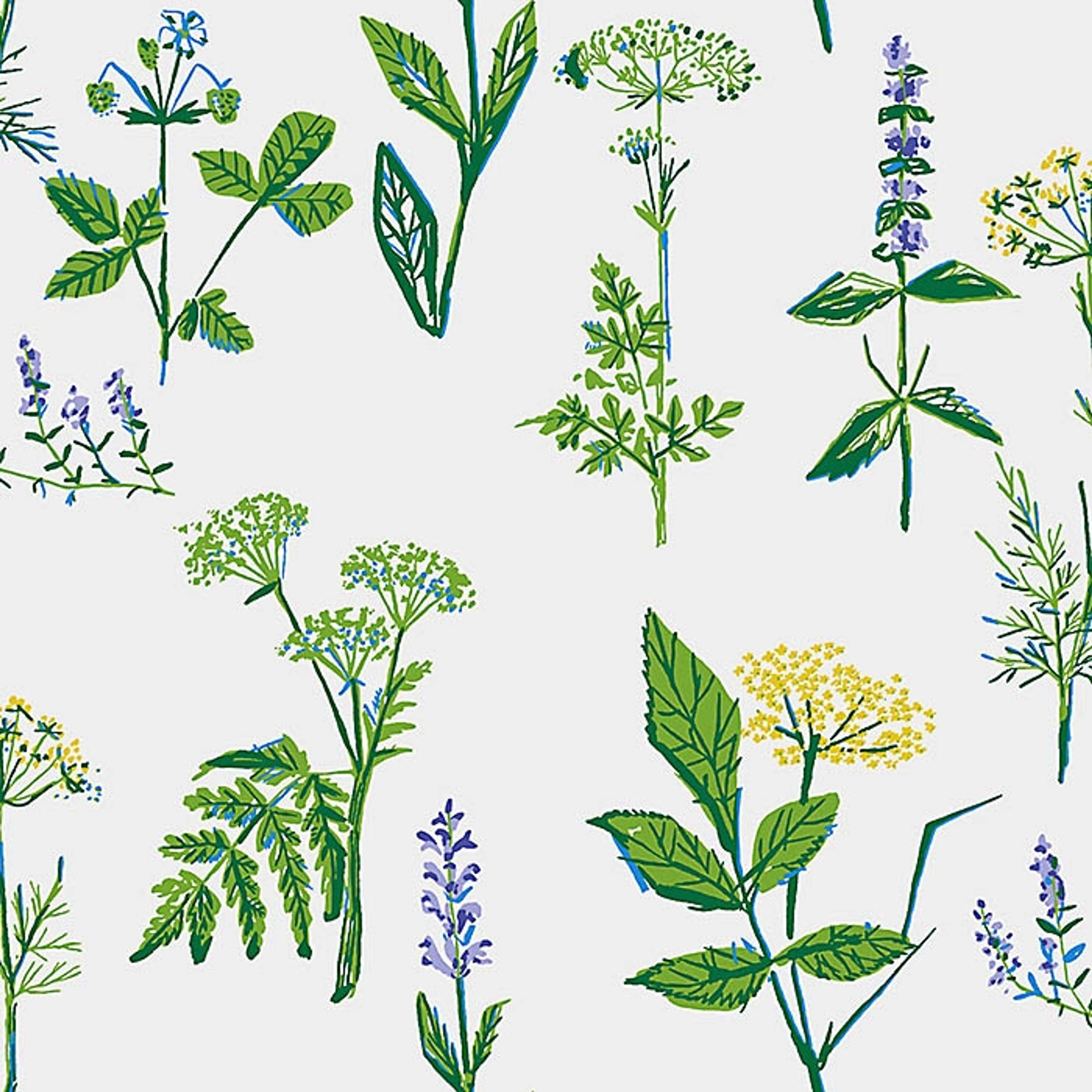 Köksväxter tapet från Boråstapeter med blommigt, retro mönster i vit och grön. Från kollektionen Scandinavian Designers II. Nonwoven-material med förskjuten passning.