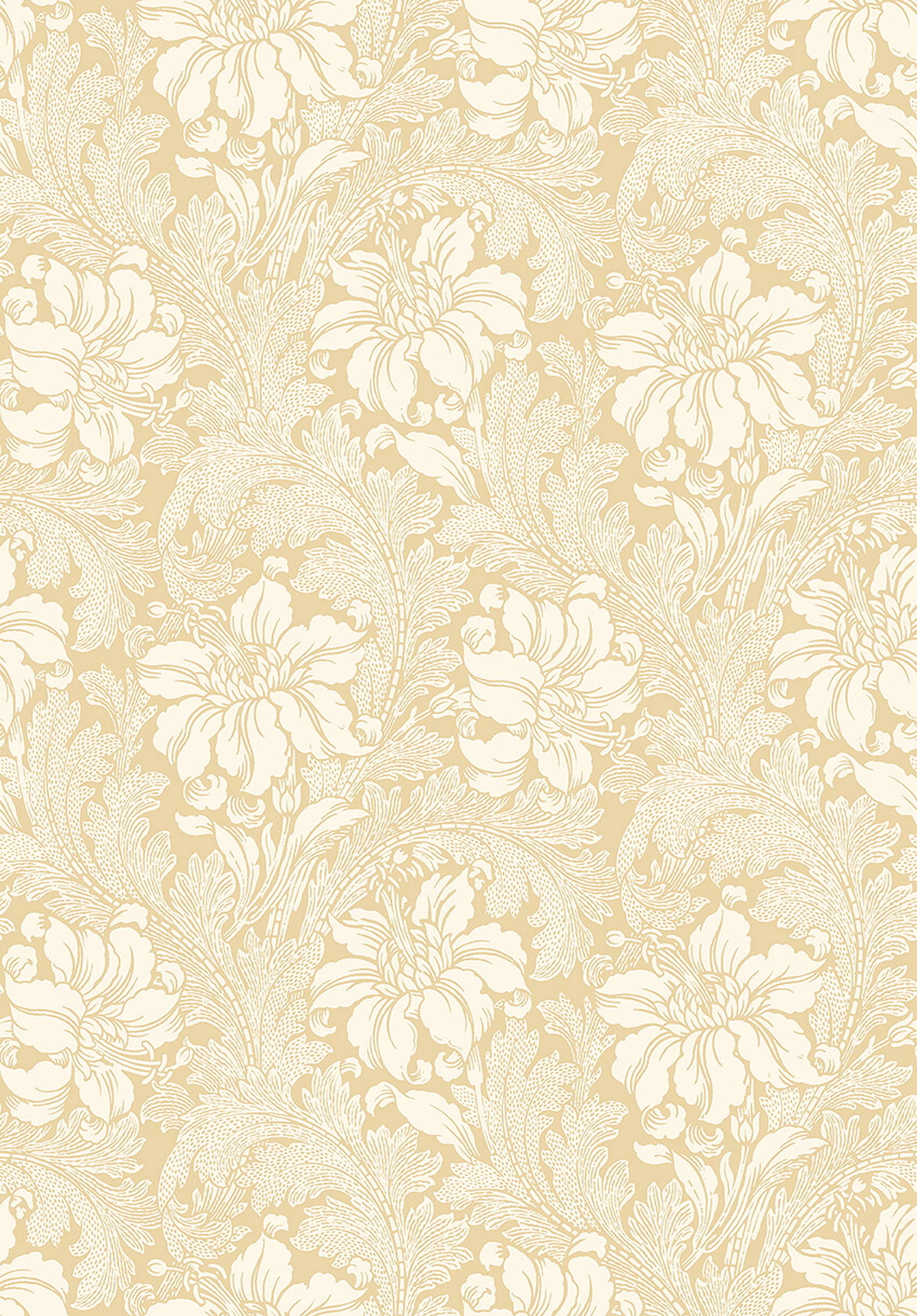 Acanthus storblommig, ljusbeige/gul tapet med blommigt mönster i gul. Från kollektionen Vårt Arkiv. Nonwoven-material med rak passning.