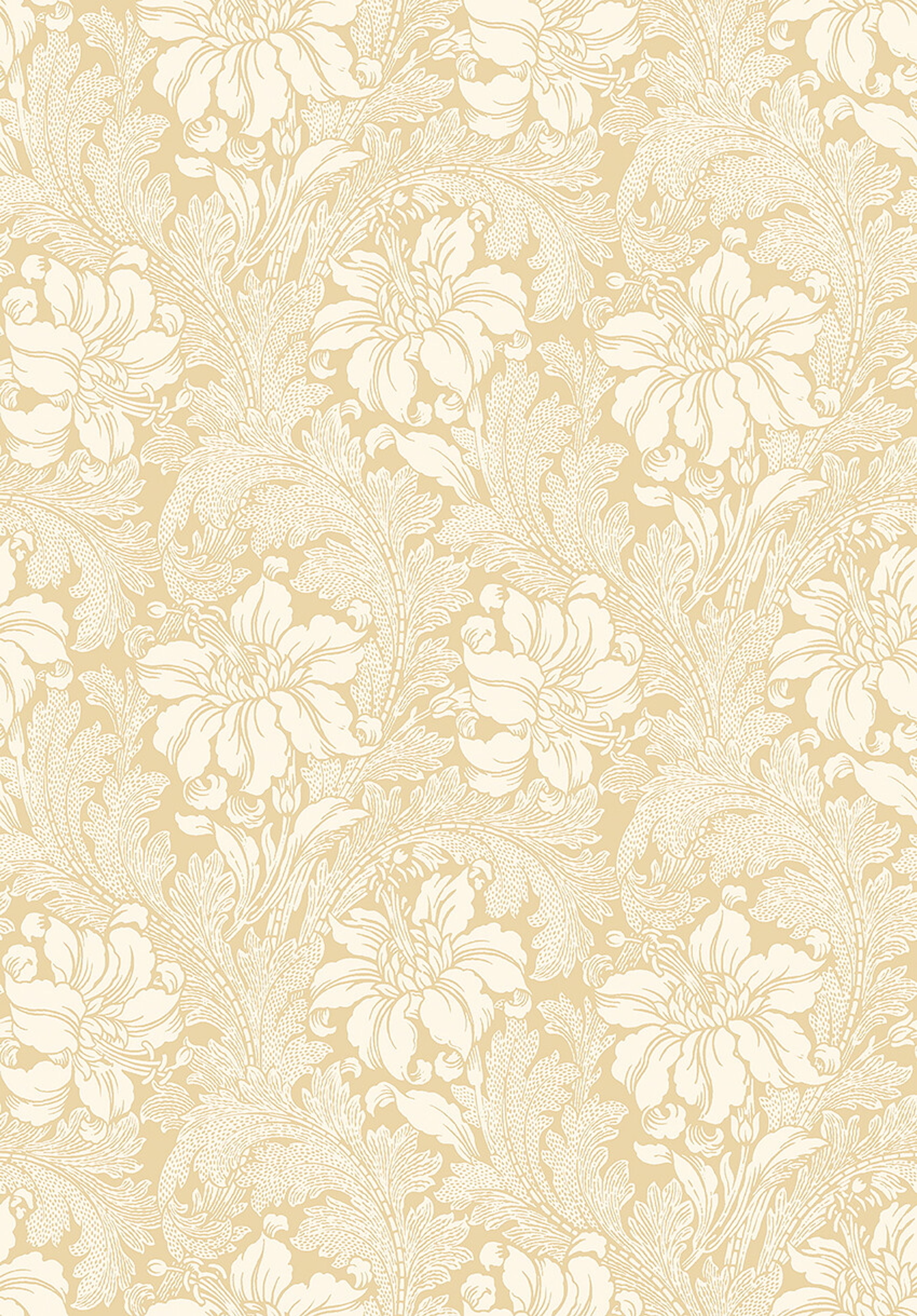 Acanthus storblommig, ljusbeige/gul tapet med blommigt mönster i gul. Från kollektionen Vårt Arkiv. Nonwoven-material med rak passning.