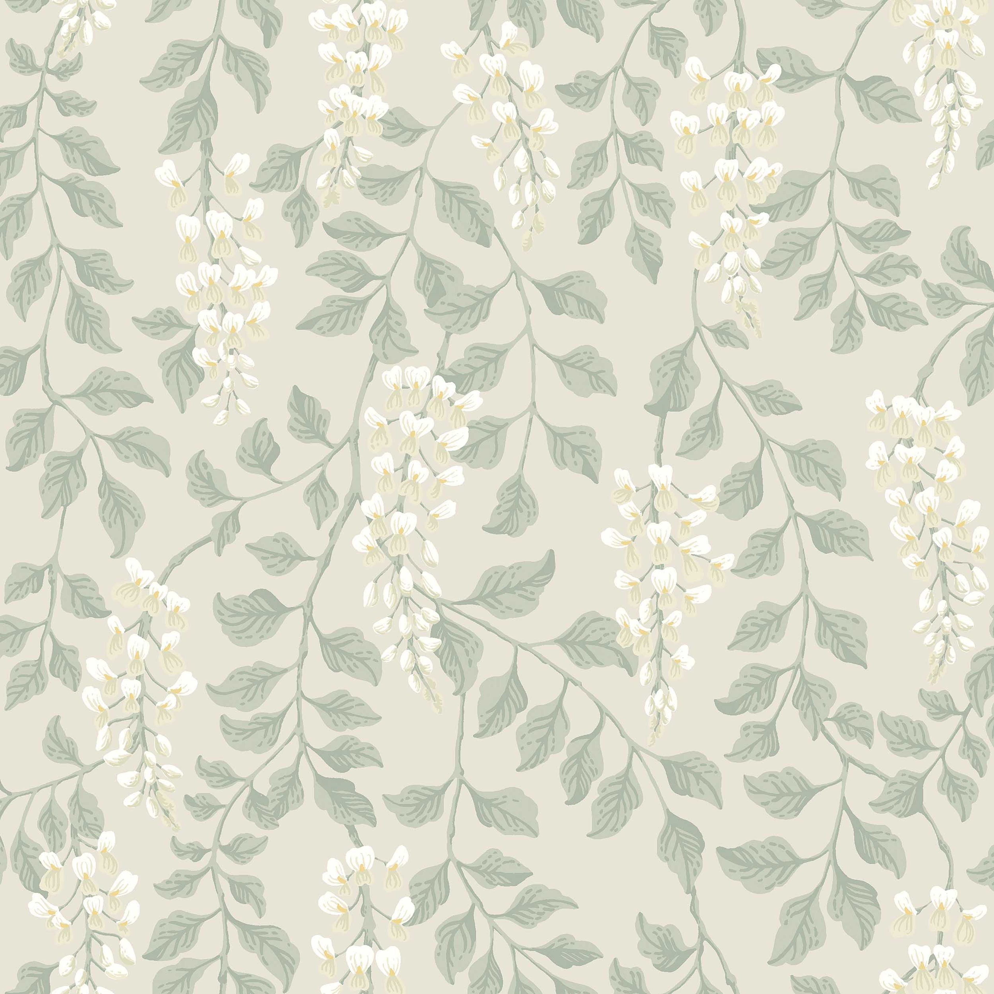 Blåregn beige, tapet tapet med botaniskt, blommigt mönster i beige. Från kollektionen Orangeri. Nonwoven-material med förskjuten passning. Passar i vardagsrum.