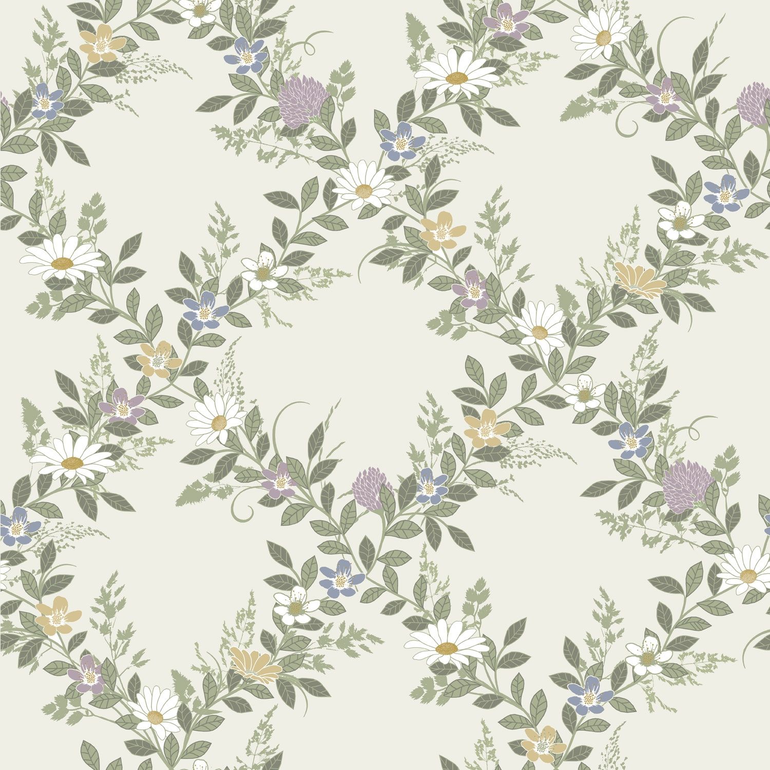 Margareta, ljus tapet tapet med blommigt mönster i beige. Från kollektionen Örtagård. Nonwoven-material med rak passning. Country-stil.