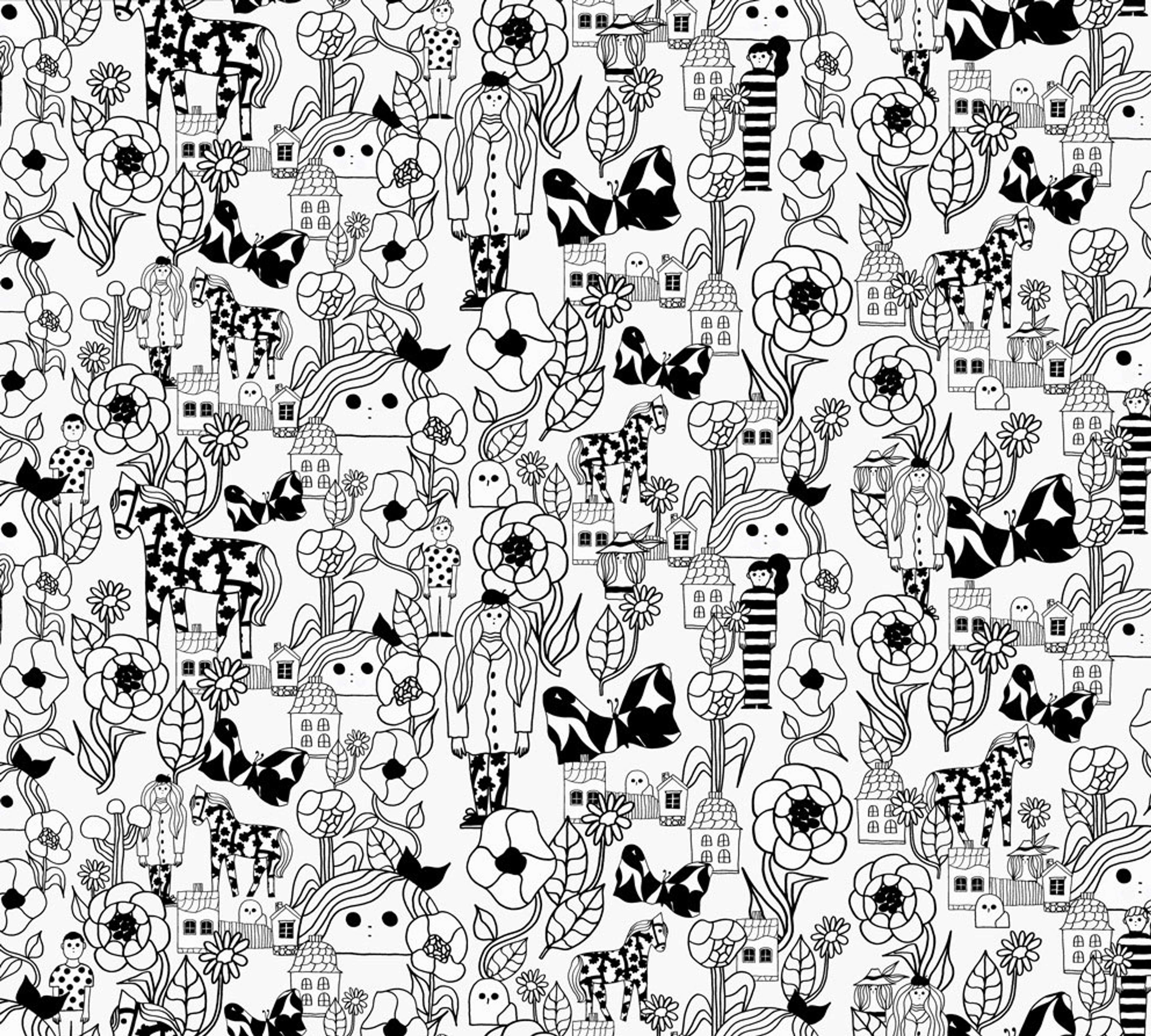 Marikyla tapet med djur mönster i svart. Från kollektionen Marimekko 6. Nonwoven-material med förskjuten passning.