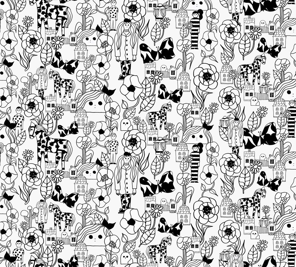 Marikyla tapet med djur mönster i svart. Från kollektionen Marimekko 6. Nonwoven-material med förskjuten passning.