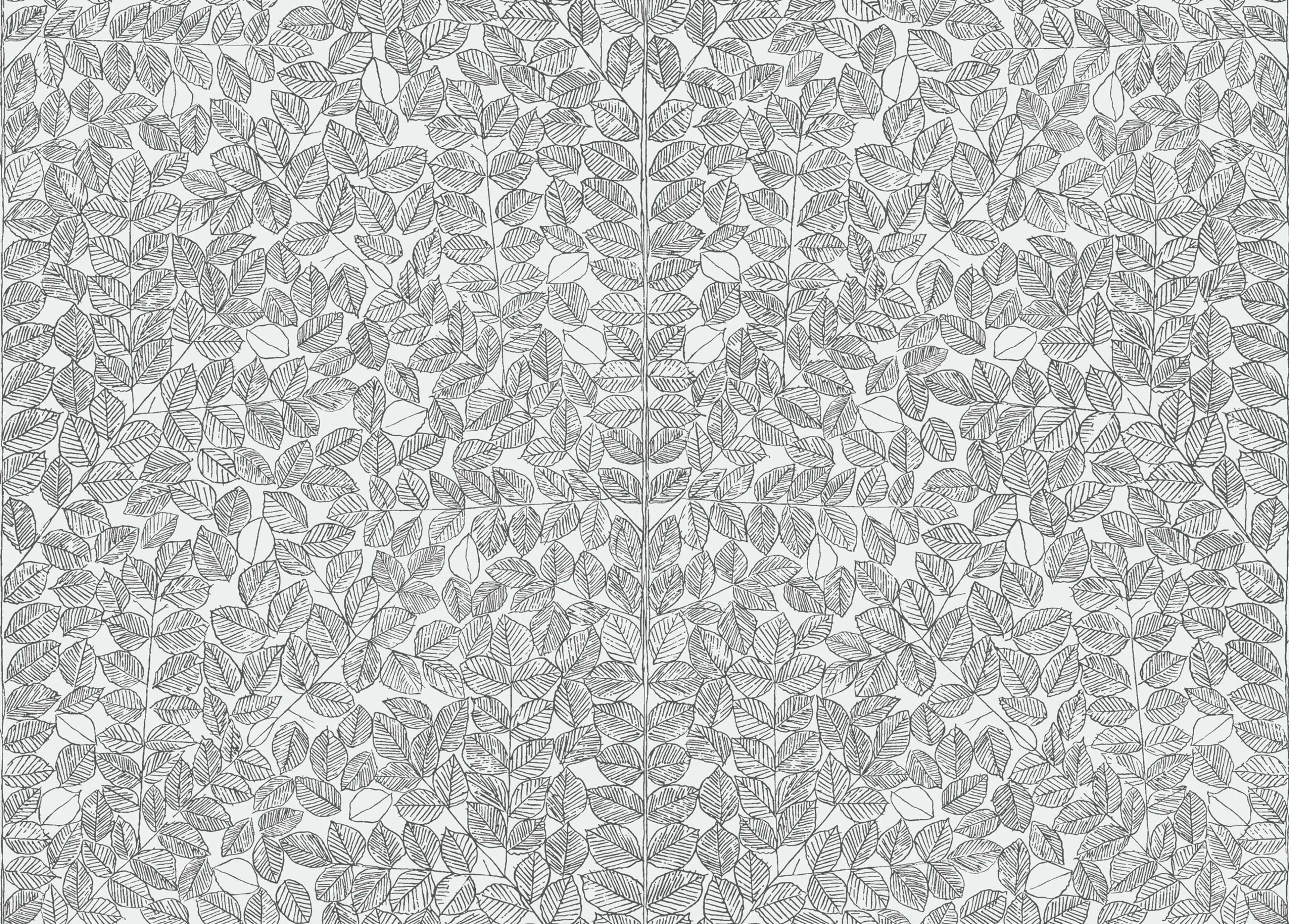 Romans tapet från Boråstapeter med botaniskt, retro mönster i vit och grå. Från kollektionen Scandinavian Designers II. Nonwoven-material med förskjuten passning. Vintage-stil.