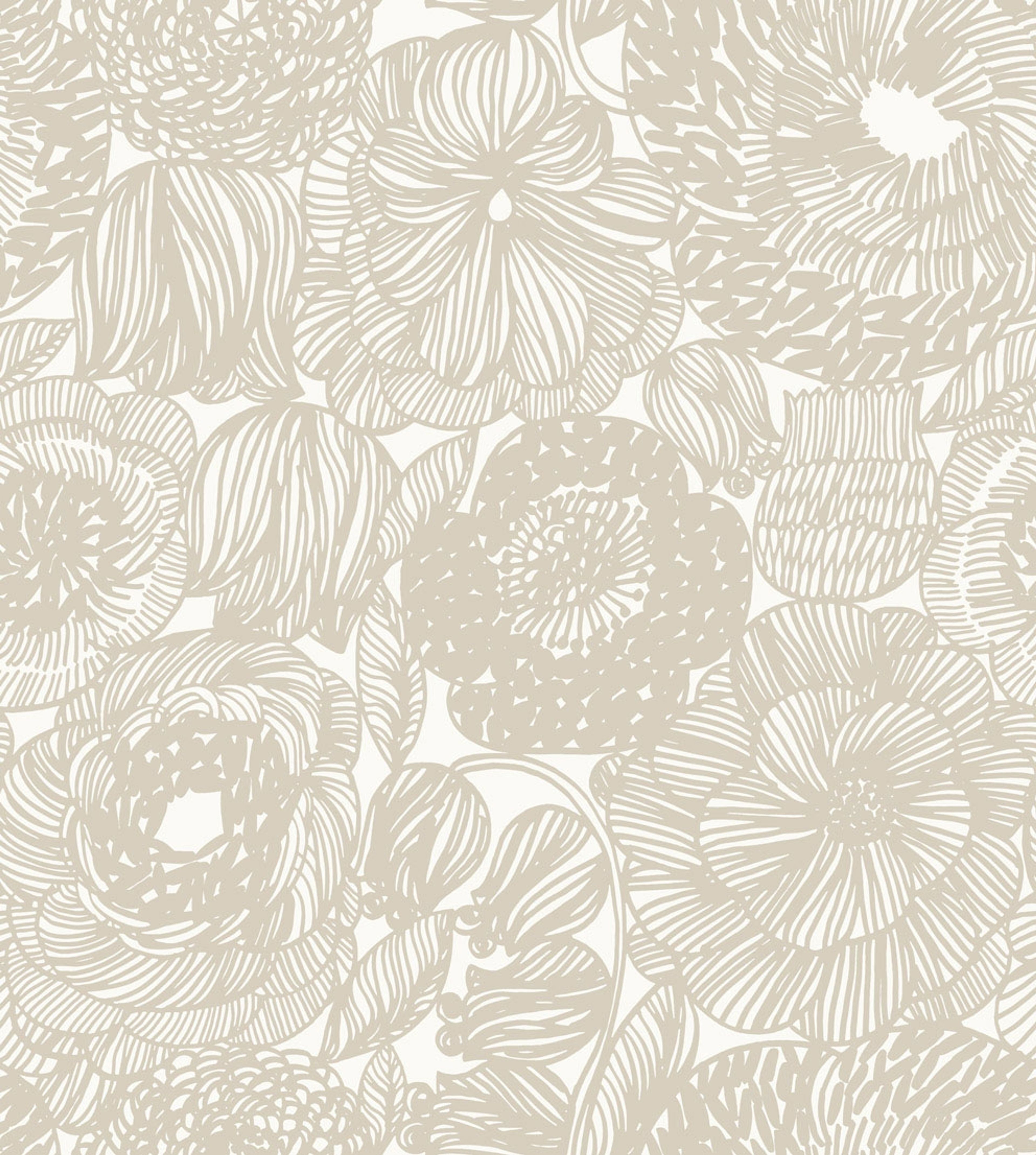 Kurjenpolvi tapet med blommigt mönster i beige. Från kollektionen Marimekko 6. Nonwoven-material med rak passning.