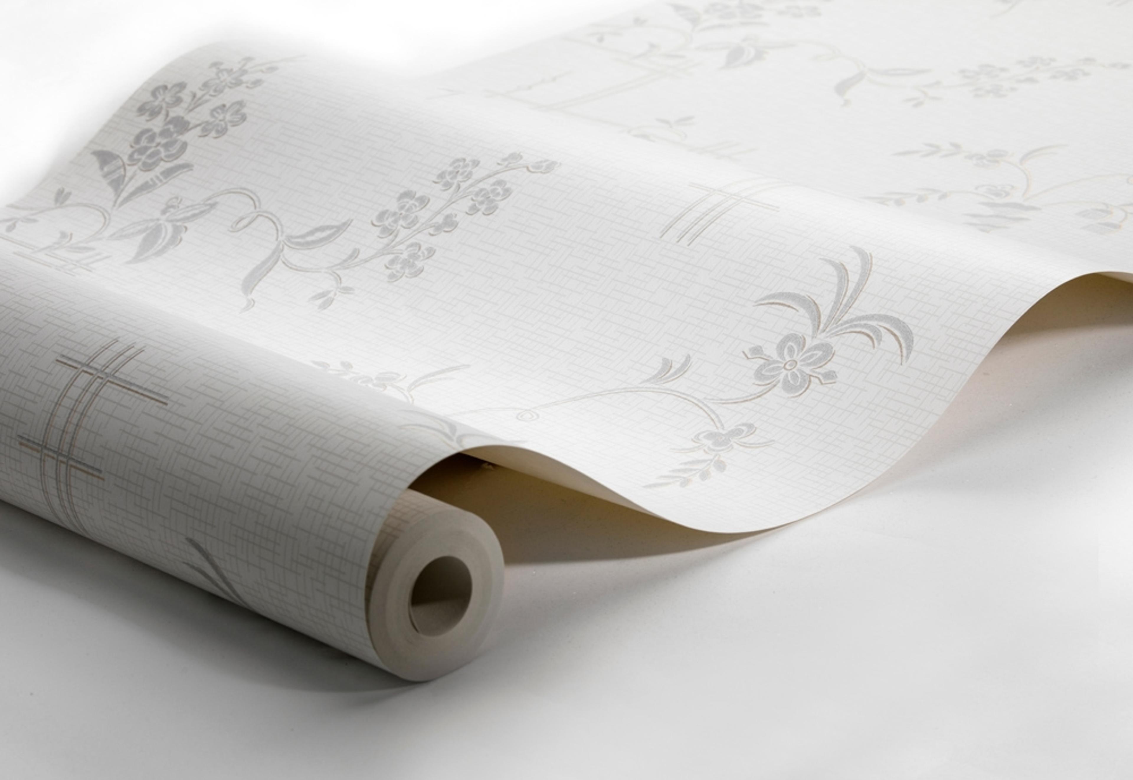 Ulricehamn tapet från Boråstapeter med blommigt mönster i vit och guld. Från kollektionen anno. Nonwoven-material med förskjuten passning. Lyx, city-stil. Passar i sovrum och matsal.