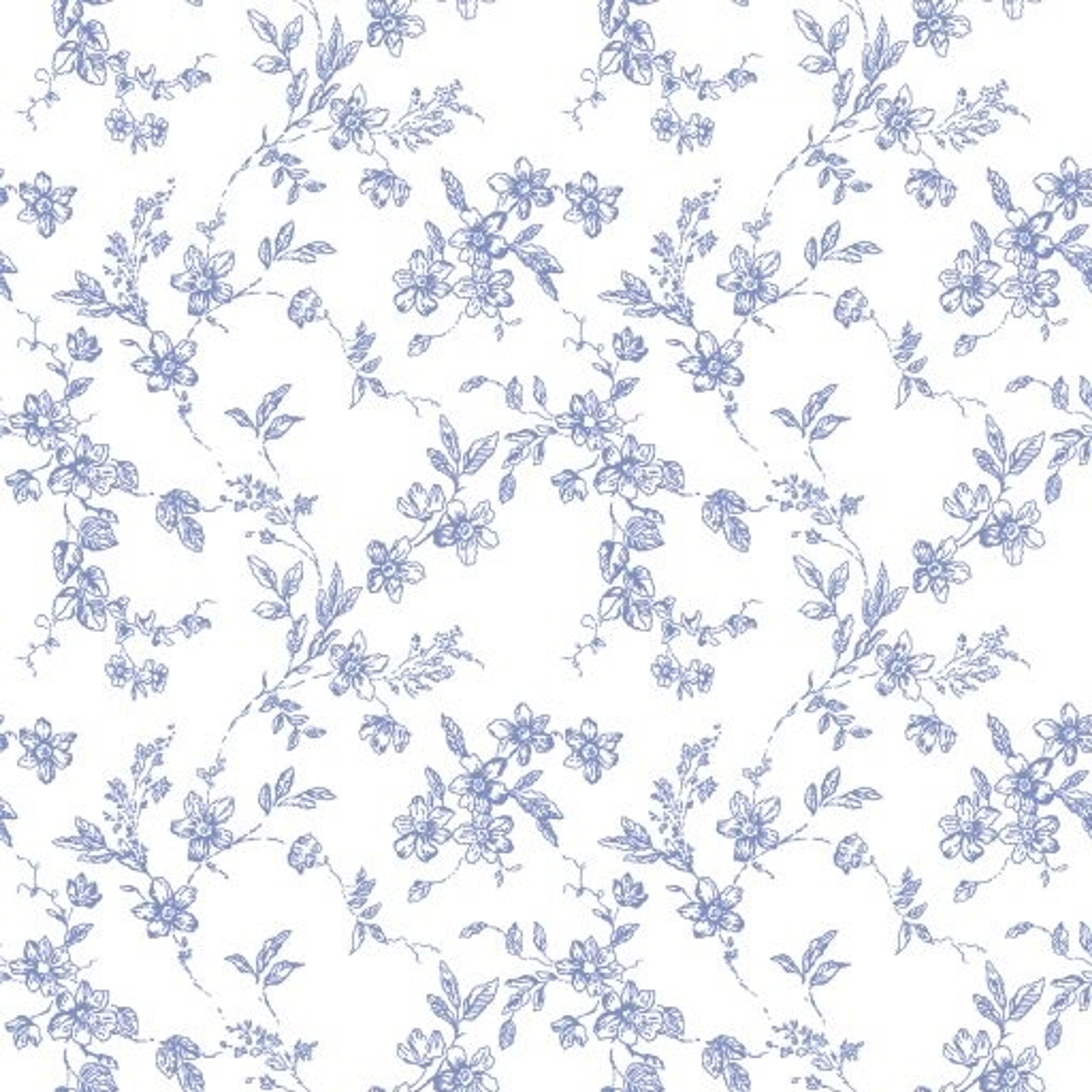 Bella, Blå tapet från duro med blommigt mönster i vit och blå. Från kollektionen Spira. Nonwoven-material med rak passning. Country-stil.