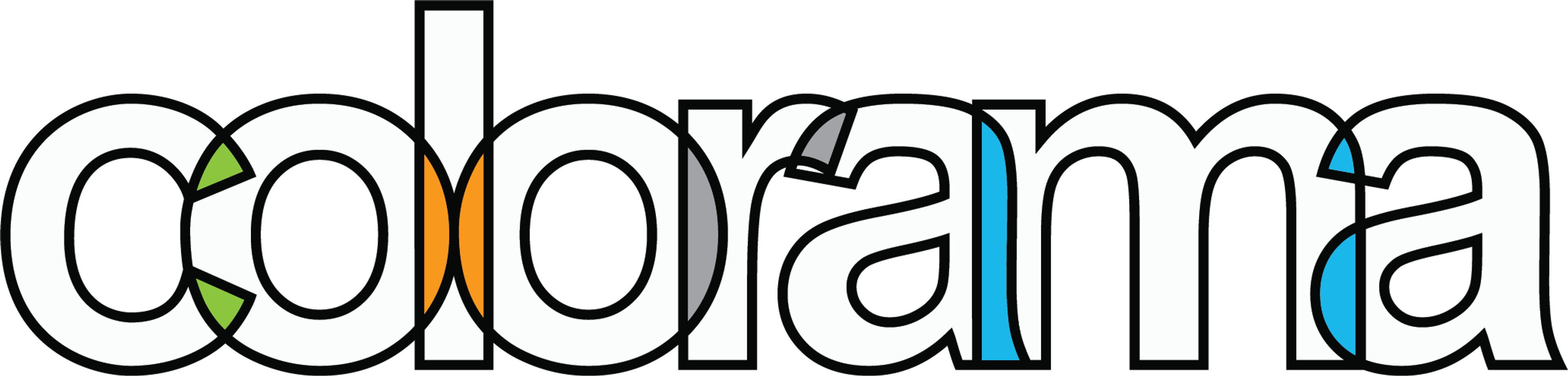 Logo for Colorama with black letters accented in green, orange, gray, and blue.