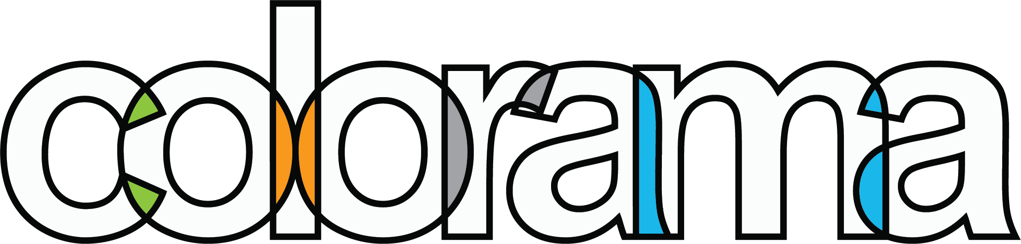 Logo for Colorama with black letters accented in green, orange, gray, and blue.