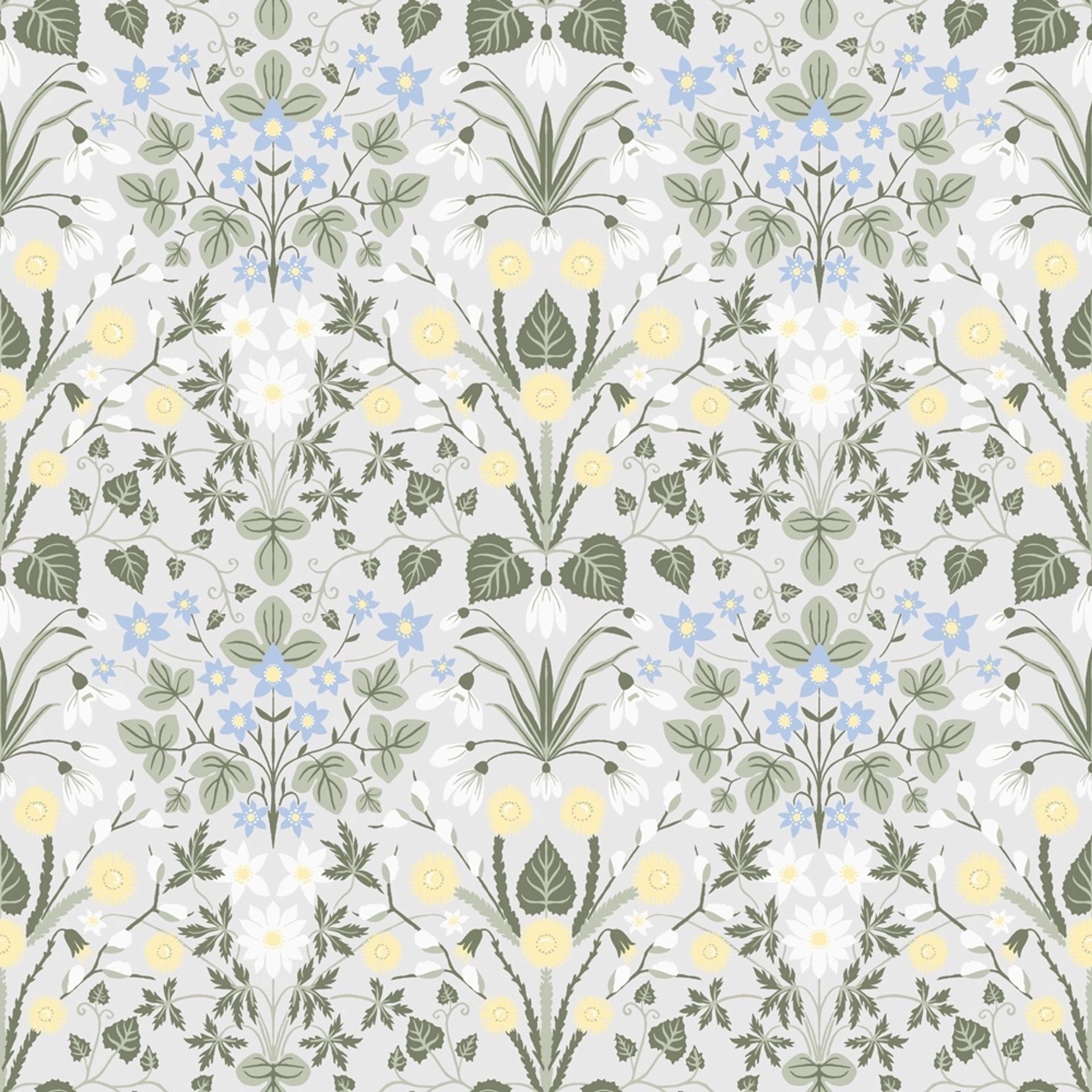 Vårblommor, ljusgrå tapet tapet med blommigt mönster i ljusgrå. Från kollektionen Långenäs. Nonwoven-material med rak passning.