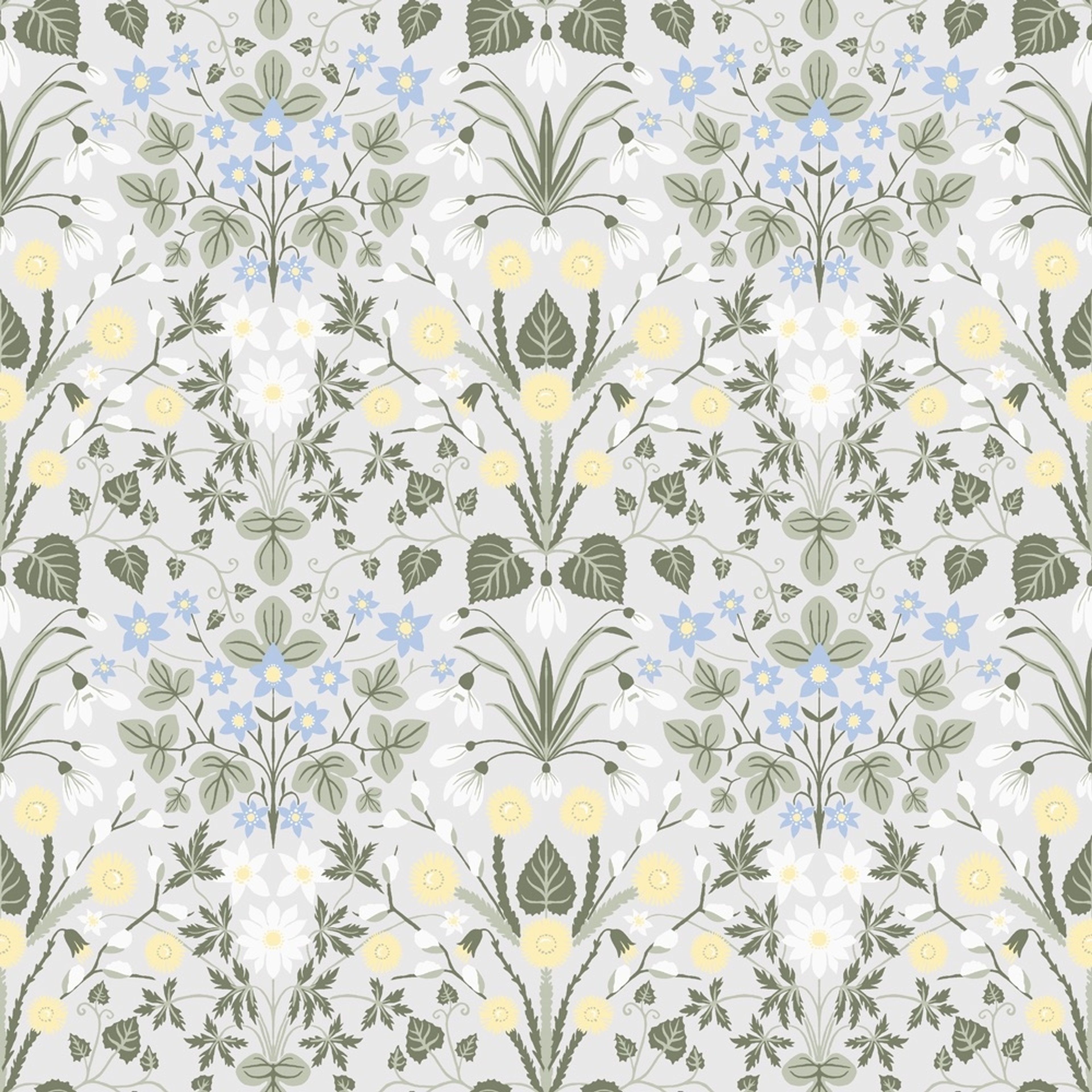 Vårblommor, ljusgrå tapet tapet med blommigt mönster i ljusgrå. Från kollektionen Långenäs. Nonwoven-material med rak passning.