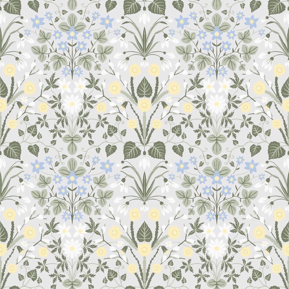 Vårblommor, ljusgrå tapet tapet med blommigt mönster i ljusgrå. Från kollektionen Långenäs. Nonwoven-material med rak passning.