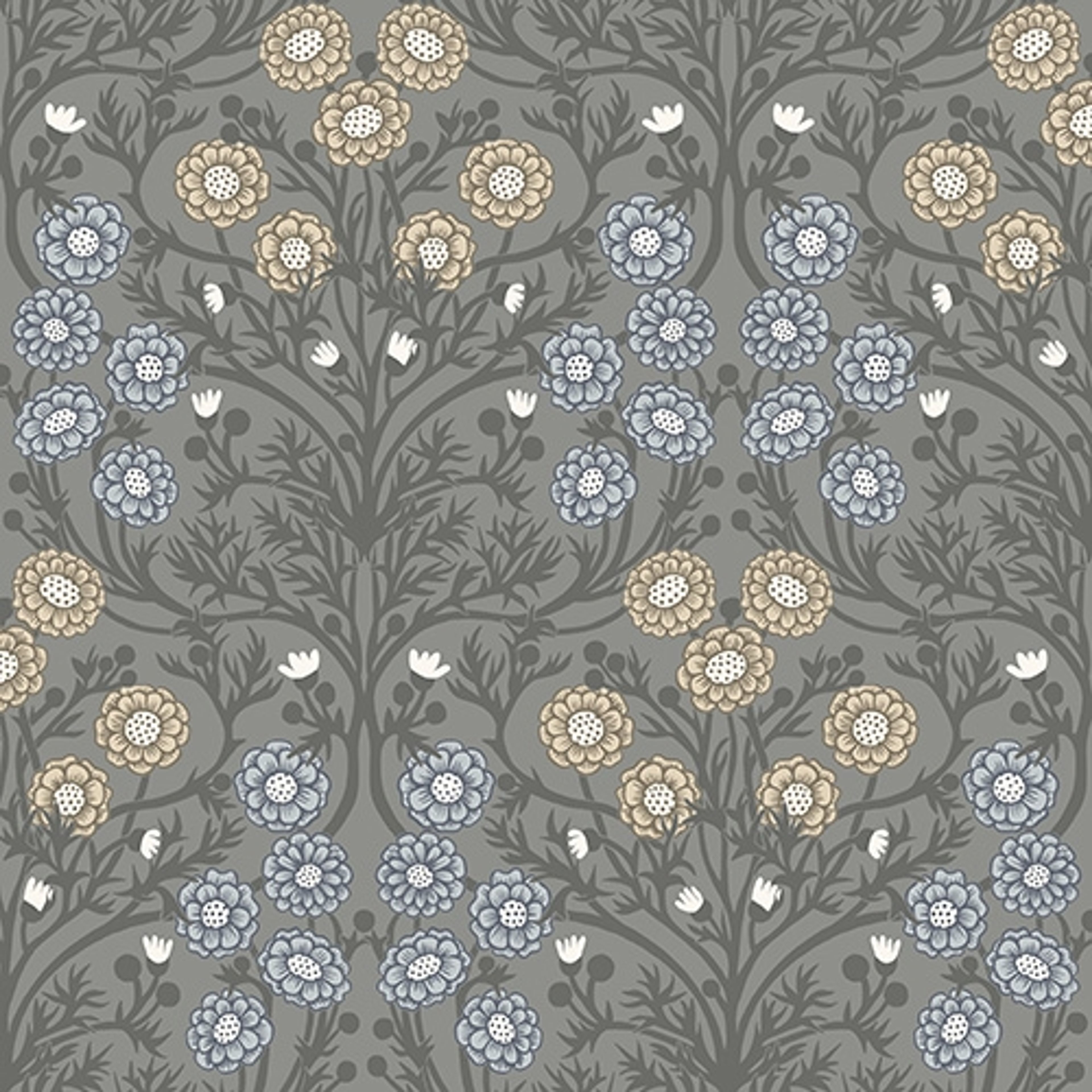 Bellis små blommor, mörkgrå tapet från Midbec med blommigt mönster i grå. Från kollektionen Ekbacka. Nonwoven-material med förskjuten passning.