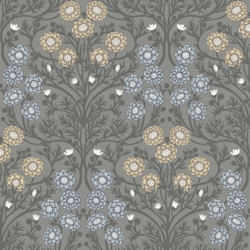 Bellis små blommor, mörkgrå tapet från Midbec med blommigt mönster i grå. Från kollektionen Ekbacka. Nonwoven-material med förskjuten passning.