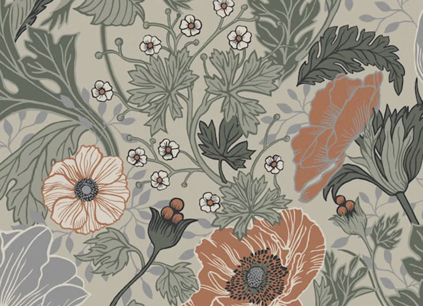 Floral pattern with orange poppies, white flowers, and green leaves on a light background.