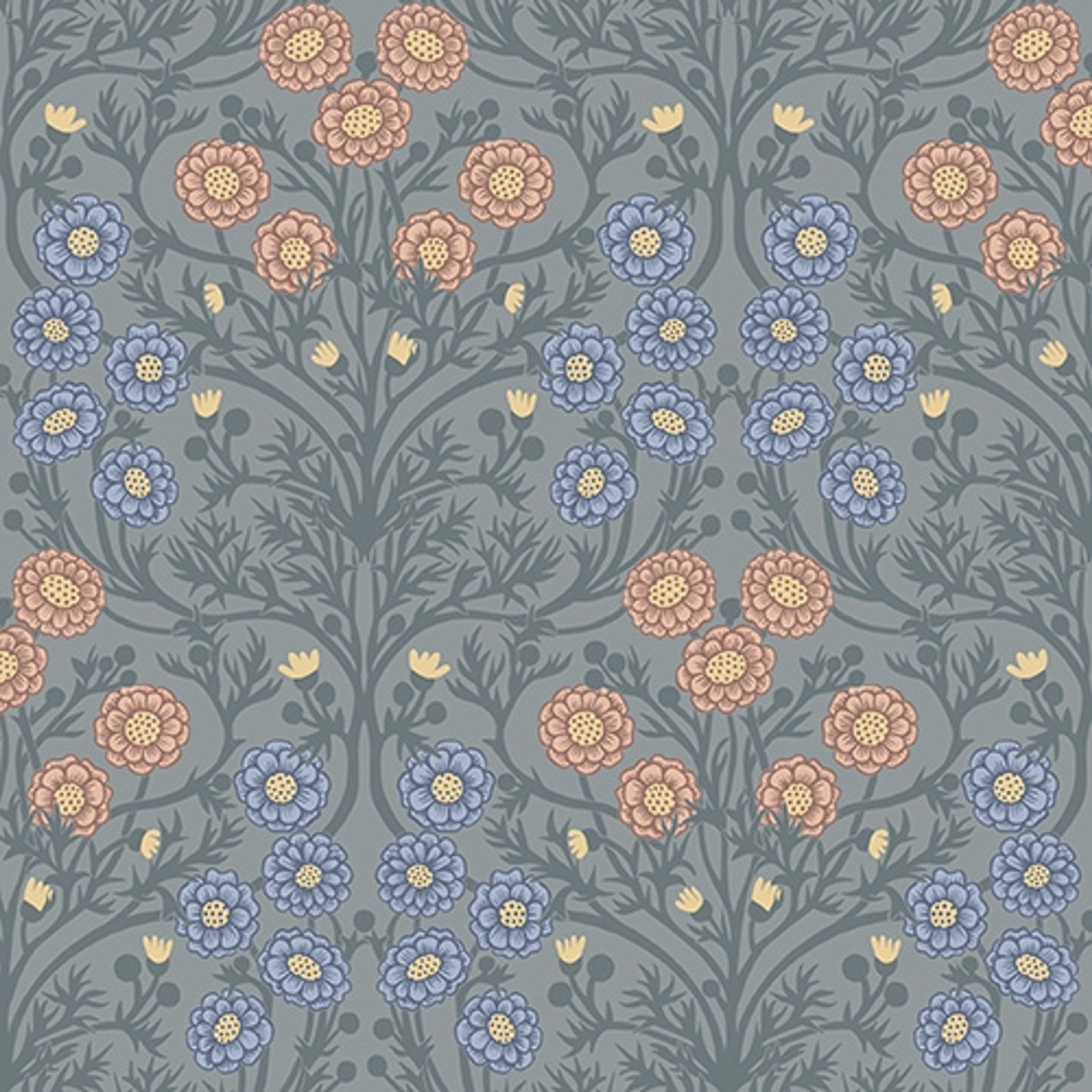Bellis små blommor, blå tapet från Midbec med blommigt mönster i blå. Från kollektionen Ekbacka. Nonwoven-material med förskjuten passning.