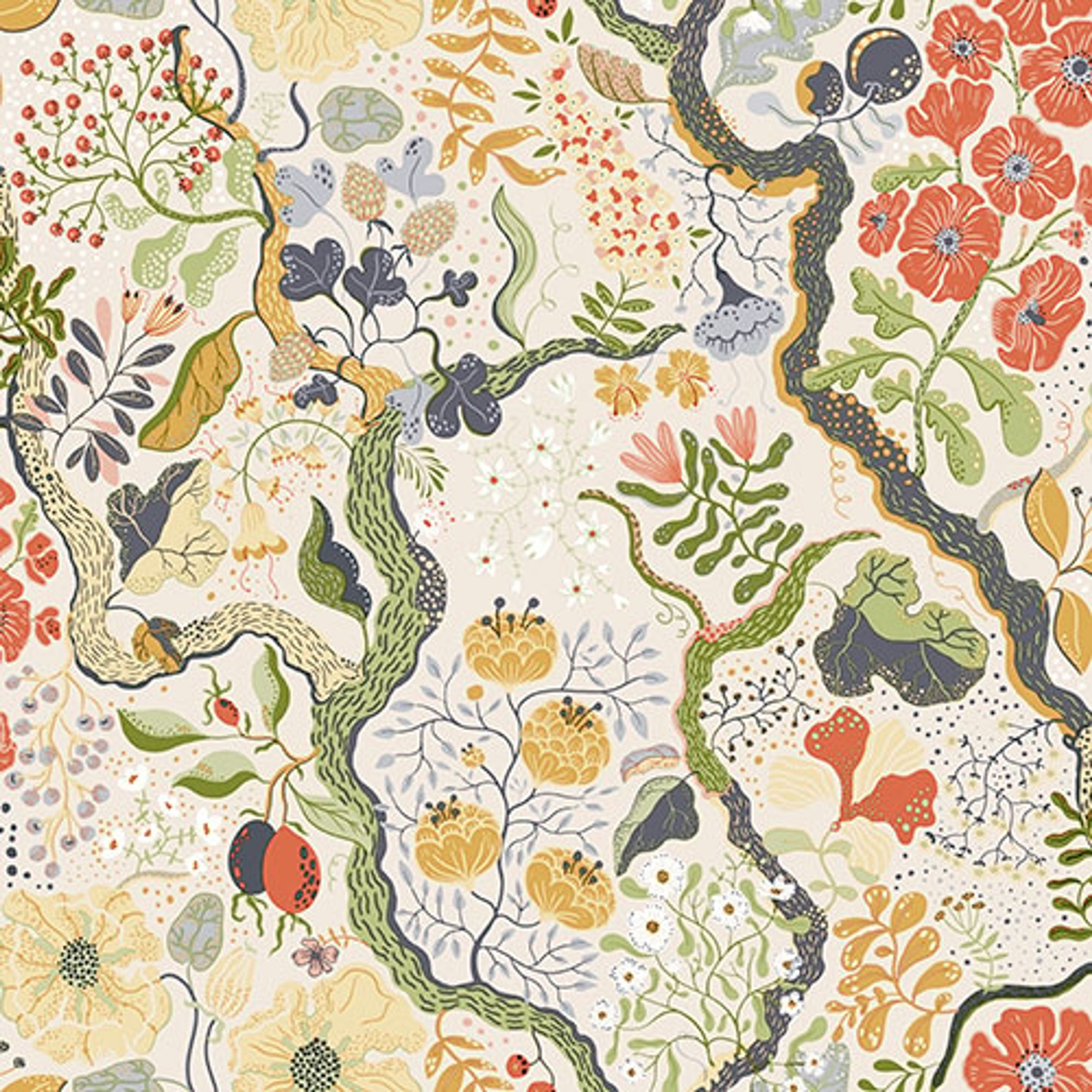 Ann stormönstrad tapet, beige botten tapet med blommigt mönster i beige. Från kollektionen Lina 2. Nonwoven-material med förskjuten passning.