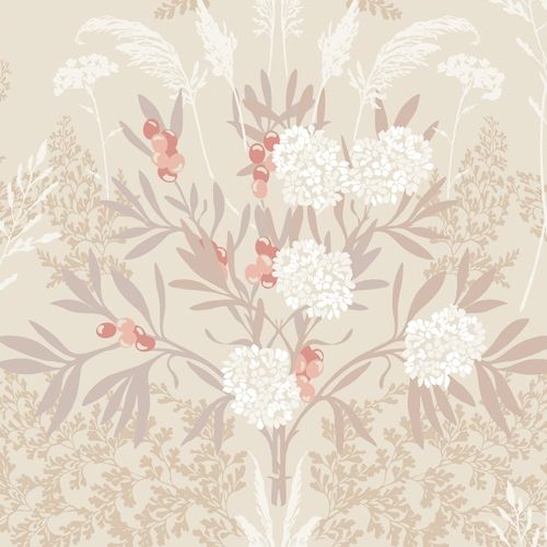 Strandäng, beige tapet tapet med blommigt mönster i beige. Från kollektionen Hav & Land. Nonwoven-material med förskjuten passning.