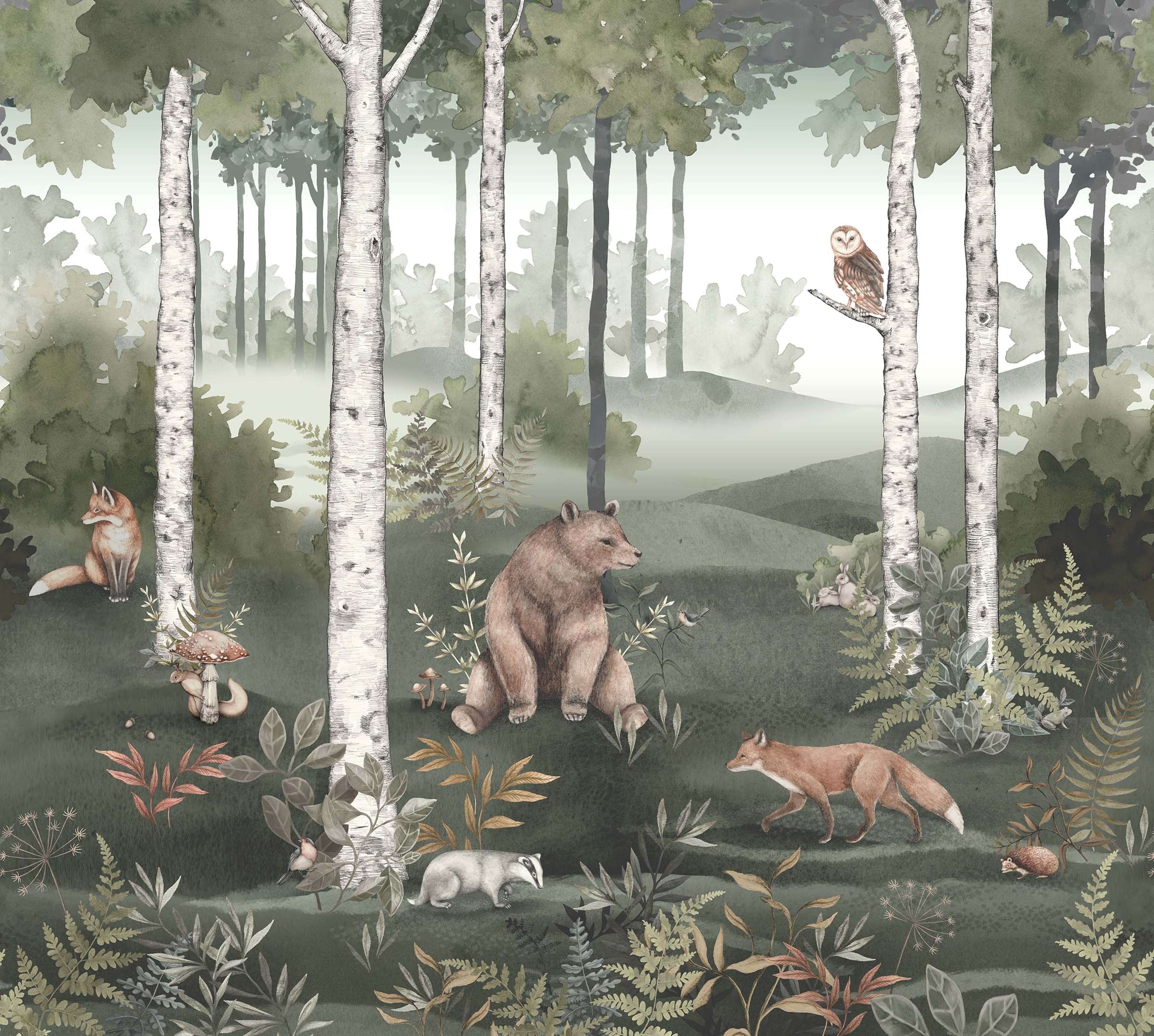 Wild Forest Mural, tapet tapet med stormönstrat, djur, barnrum mönster i grön. Från kollektionen Newbie II Wallpaper. Nonwoven-material med rak passning. Passar i barnrum.